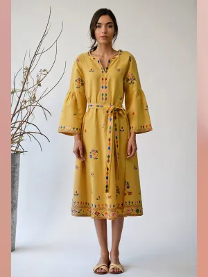 UMBAR by Payal Pratap   I   Dress Koteshwar  I  A Belted Dress With Peplum Sleeves And Myriad Shades Of Thread Embroideries Reminiscent Of The Kutch Region  I  A Day To Evening Summer Essential For Your Wardrobe