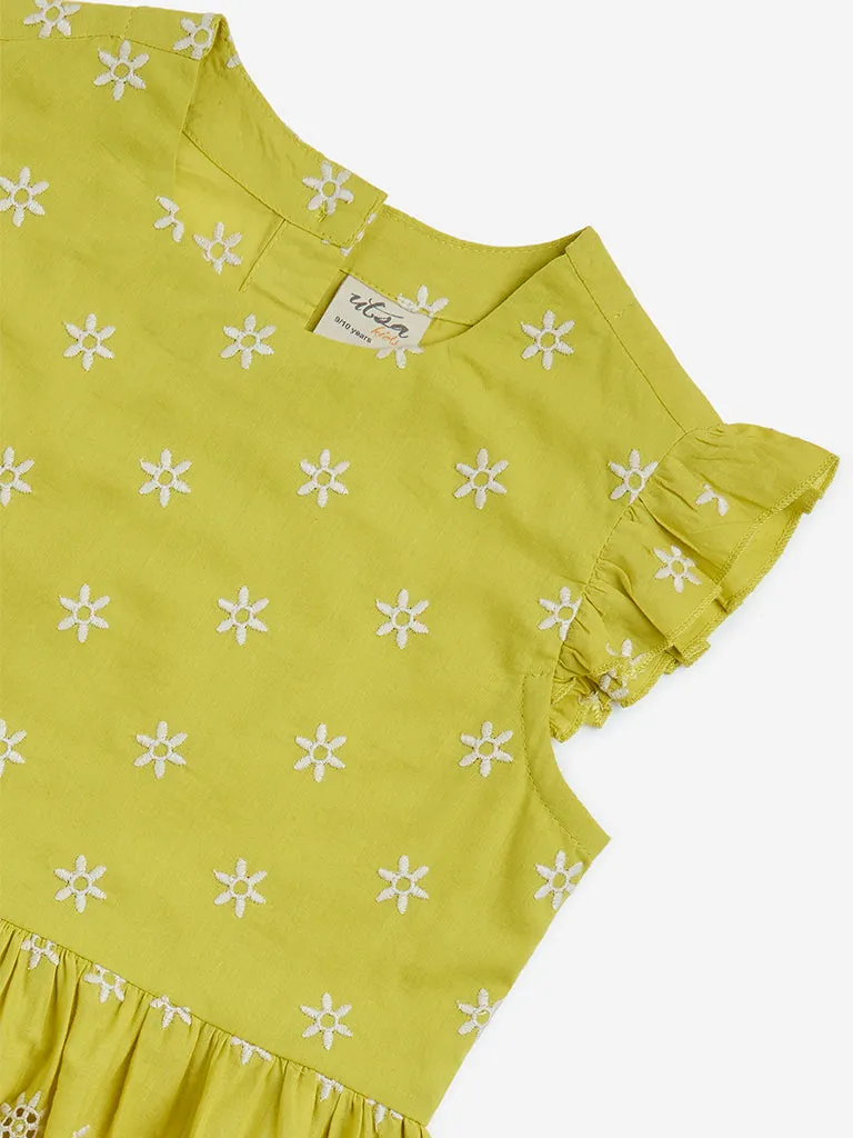 Utsa Kids Lime Floral Pattern Cotton Peplum Top 8-14 years