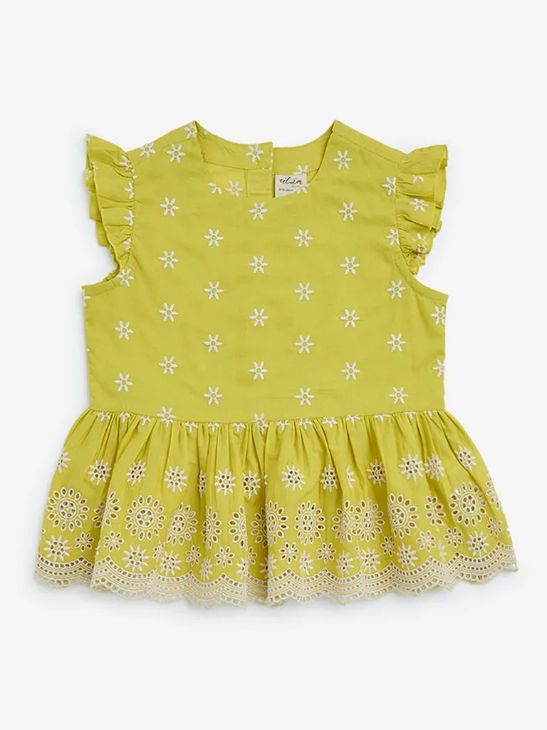 Utsa Kids Lime Floral Pattern Cotton Peplum Top 8-14 years