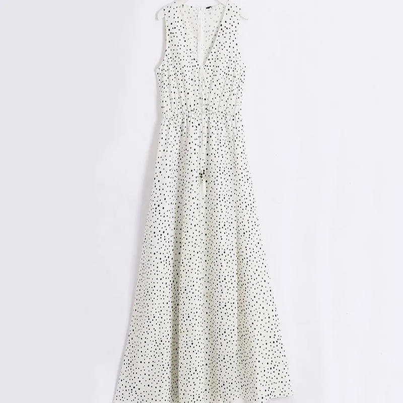 V Neck Dot Printed Floor Length Dress(3 Colors)