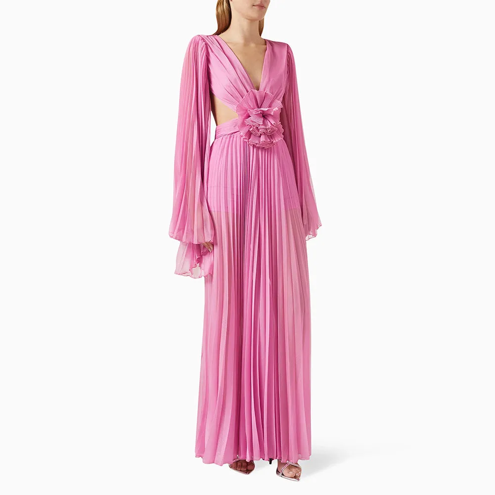 V Neck Long Sleeve Ruched Maxi Dress KLYF1221
