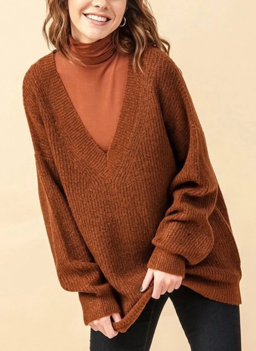 V Neck Oversized Drop Shoulder Sweater