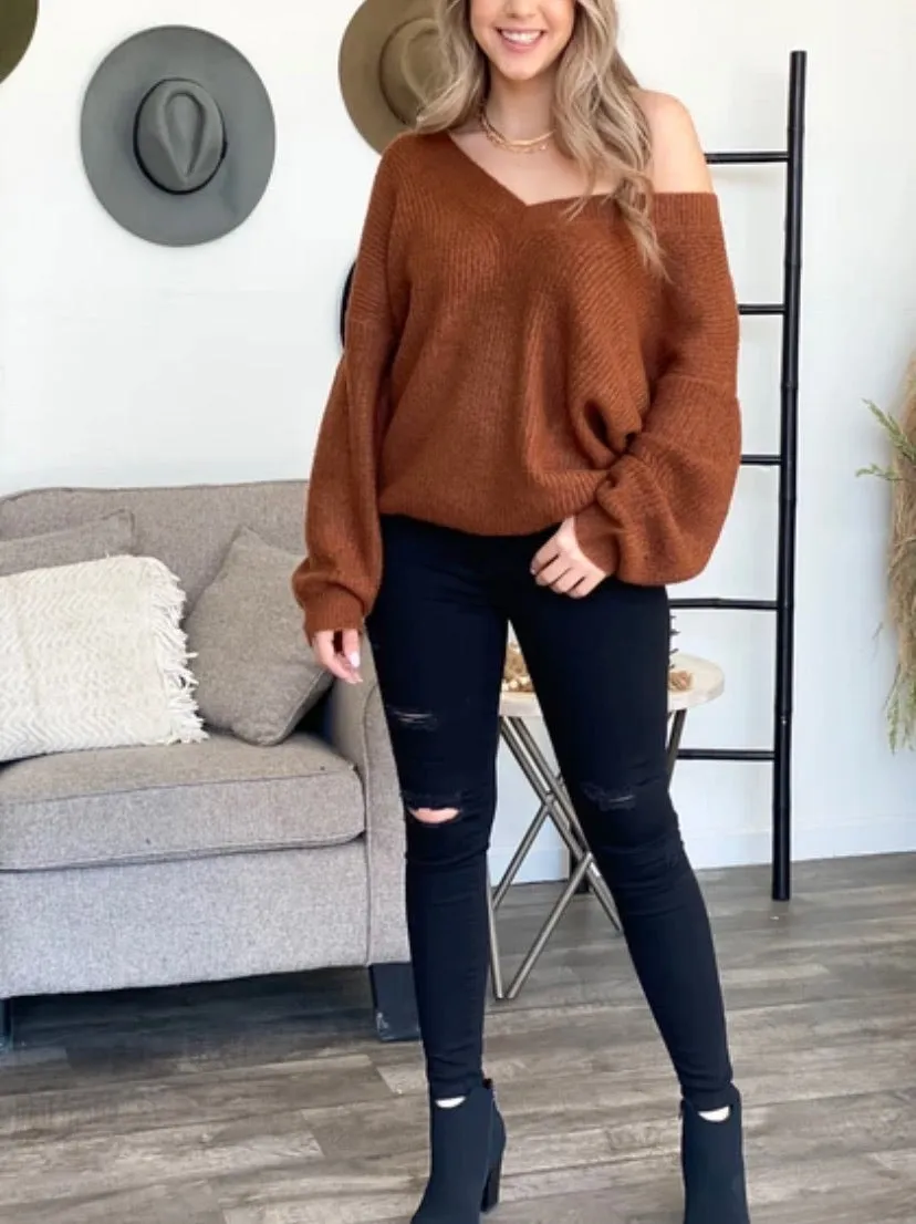 V Neck Oversized Drop Shoulder Sweater