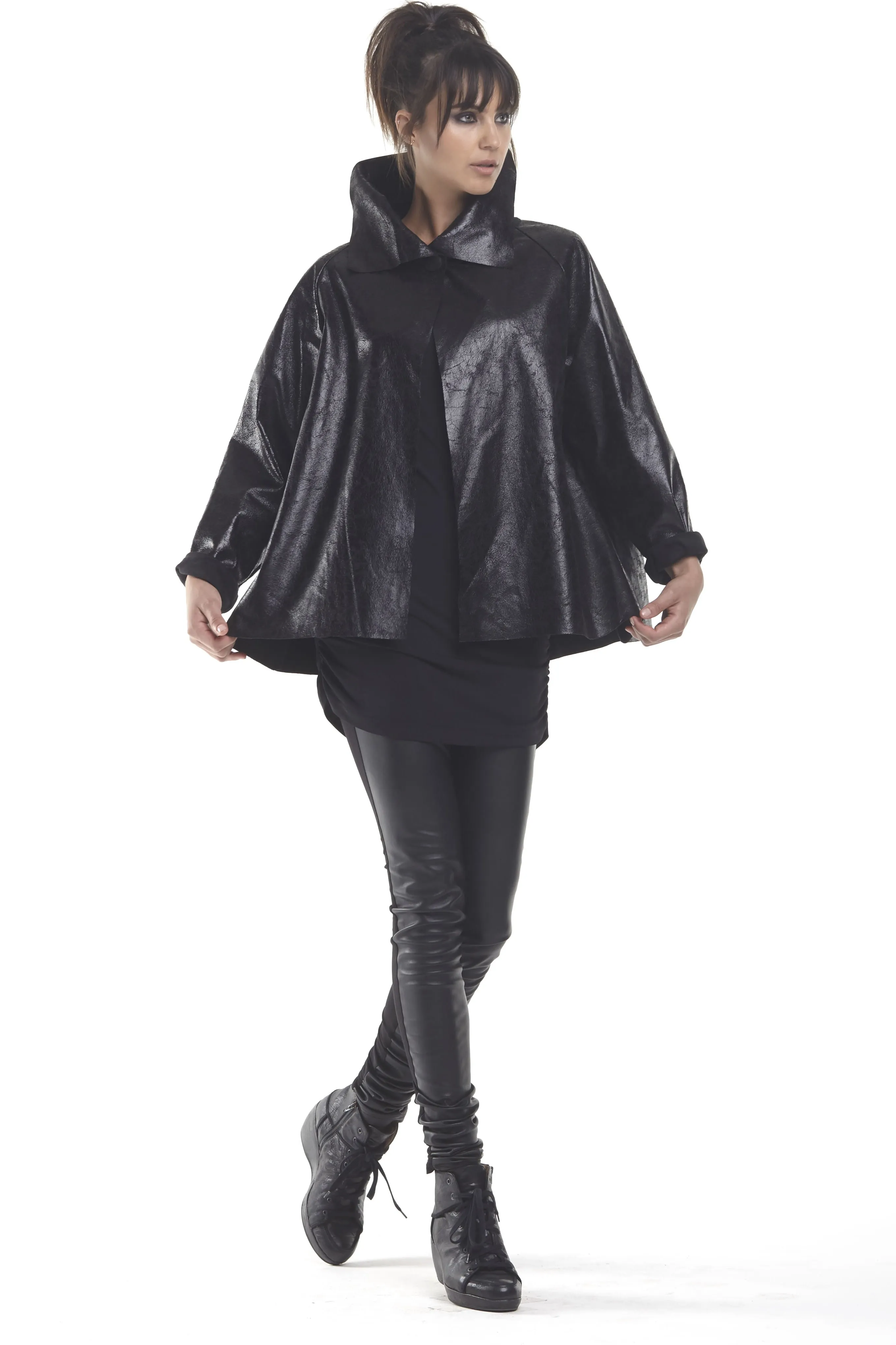 Vegan Leather Distressed Shirttail Jacket