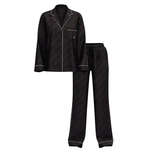 Victoria’s Secret Black Polyester Satin 2-Piece Pajama Set Black White XS