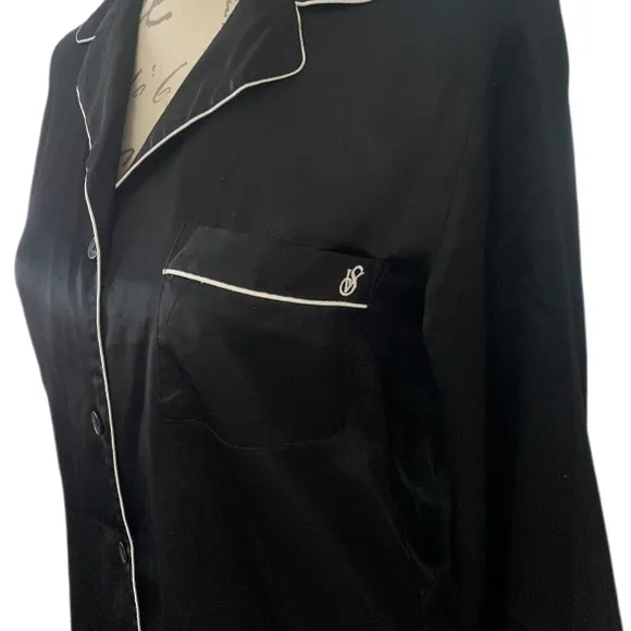 Victoria’s Secret Black Polyester Satin 2-Piece Pajama Set Black White XS