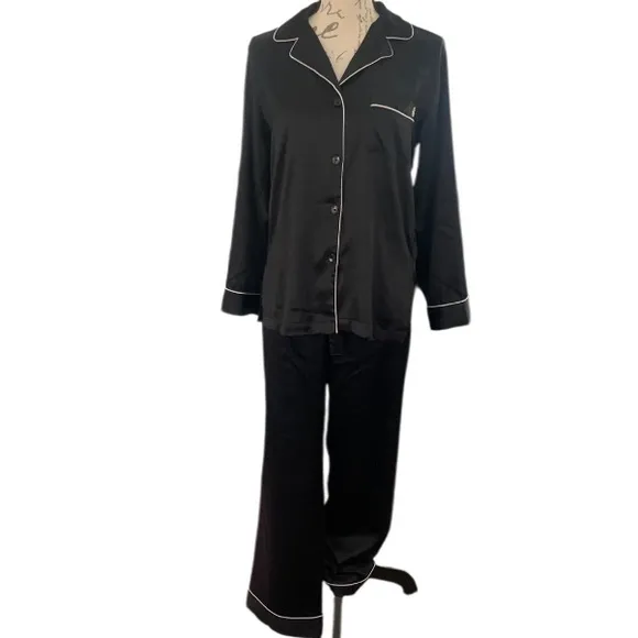 Victoria’s Secret Black Polyester Satin 2-Piece Pajama Set Black White XS