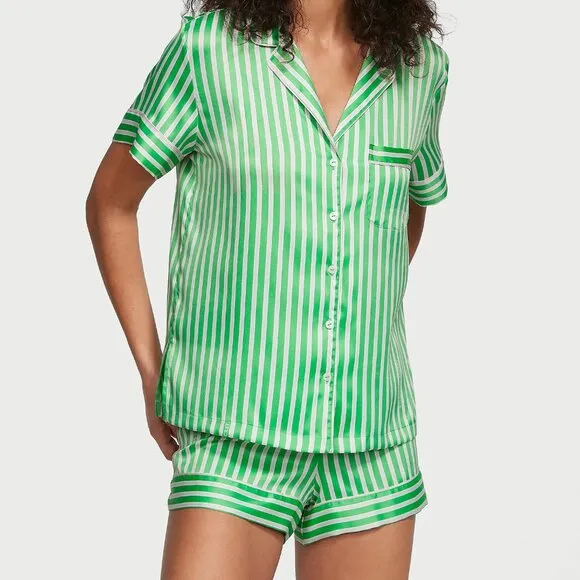 Victoria’s Secret Satin Short Pajama Set Small Green Stripes