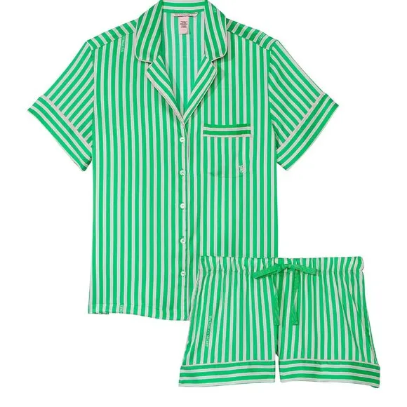Victoria’s Secret Satin Short Pajama Set Small Green Stripes