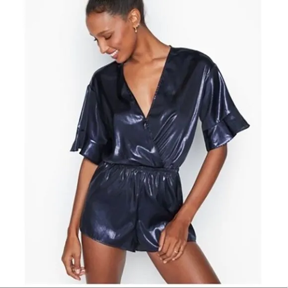 Victoria’s Secret Romper Blue Metallic Shorts Ruffle Sleeve Pajamas Size XS