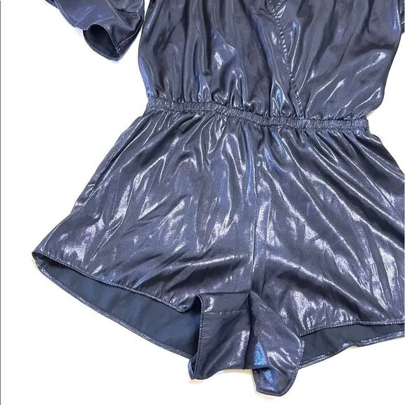 Victoria’s Secret Romper Blue Metallic Shorts Ruffle Sleeve Pajamas Size XS