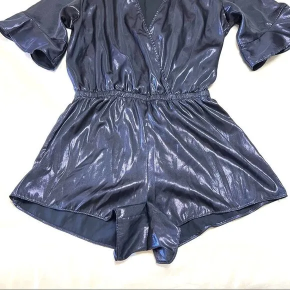Victoria’s Secret Romper Blue Metallic Shorts Ruffle Sleeve Pajamas Size XS