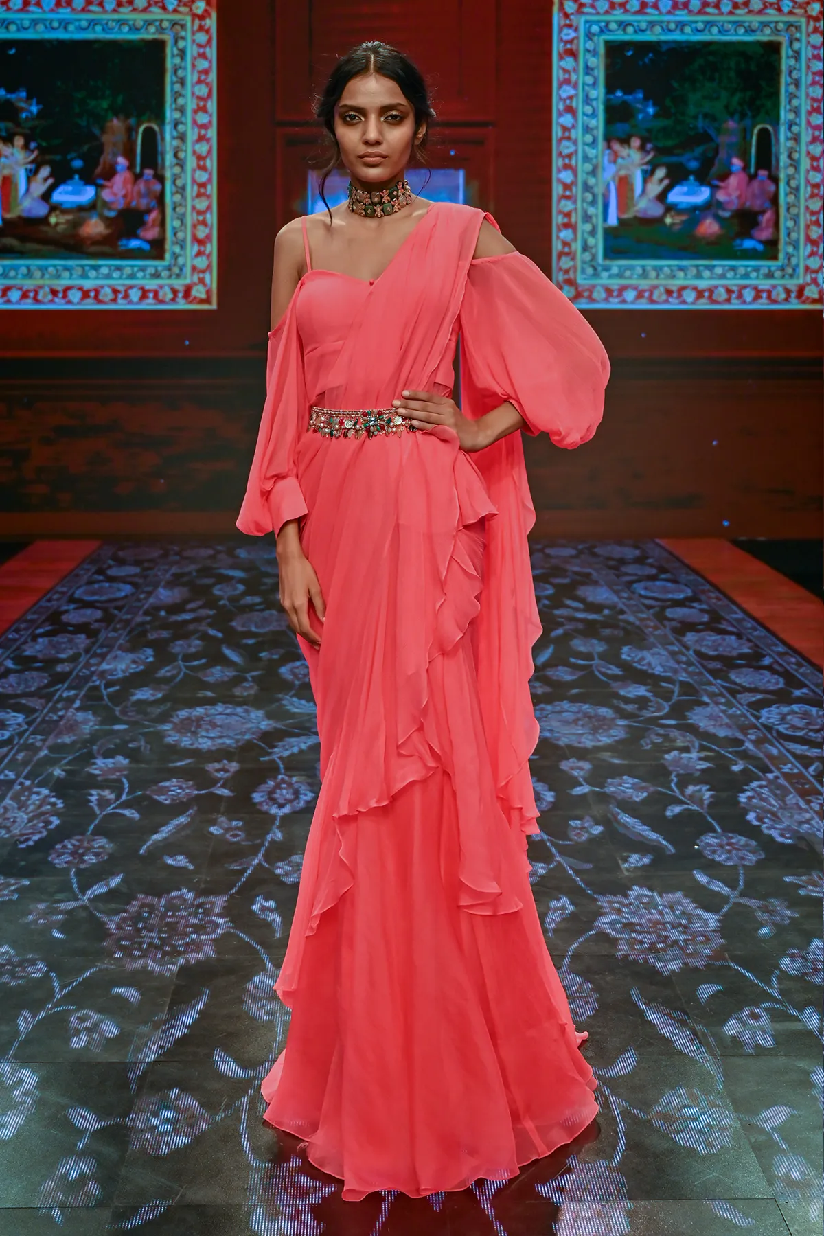 Vintage Rose Draped Ruffle Saree Set
