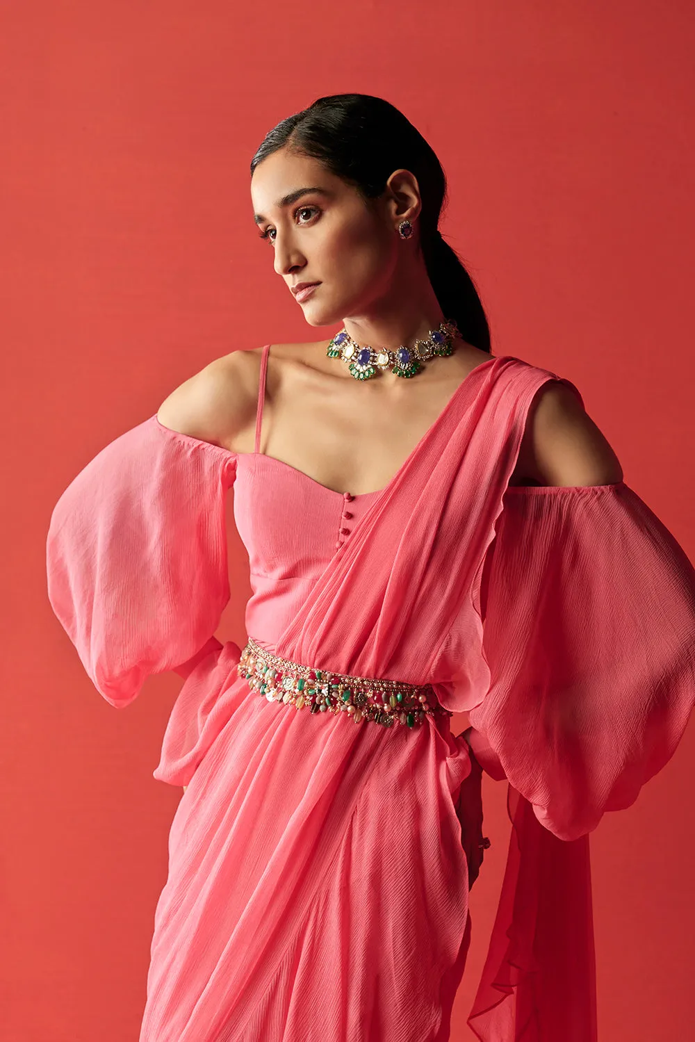 Vintage Rose Draped Ruffle Saree Set