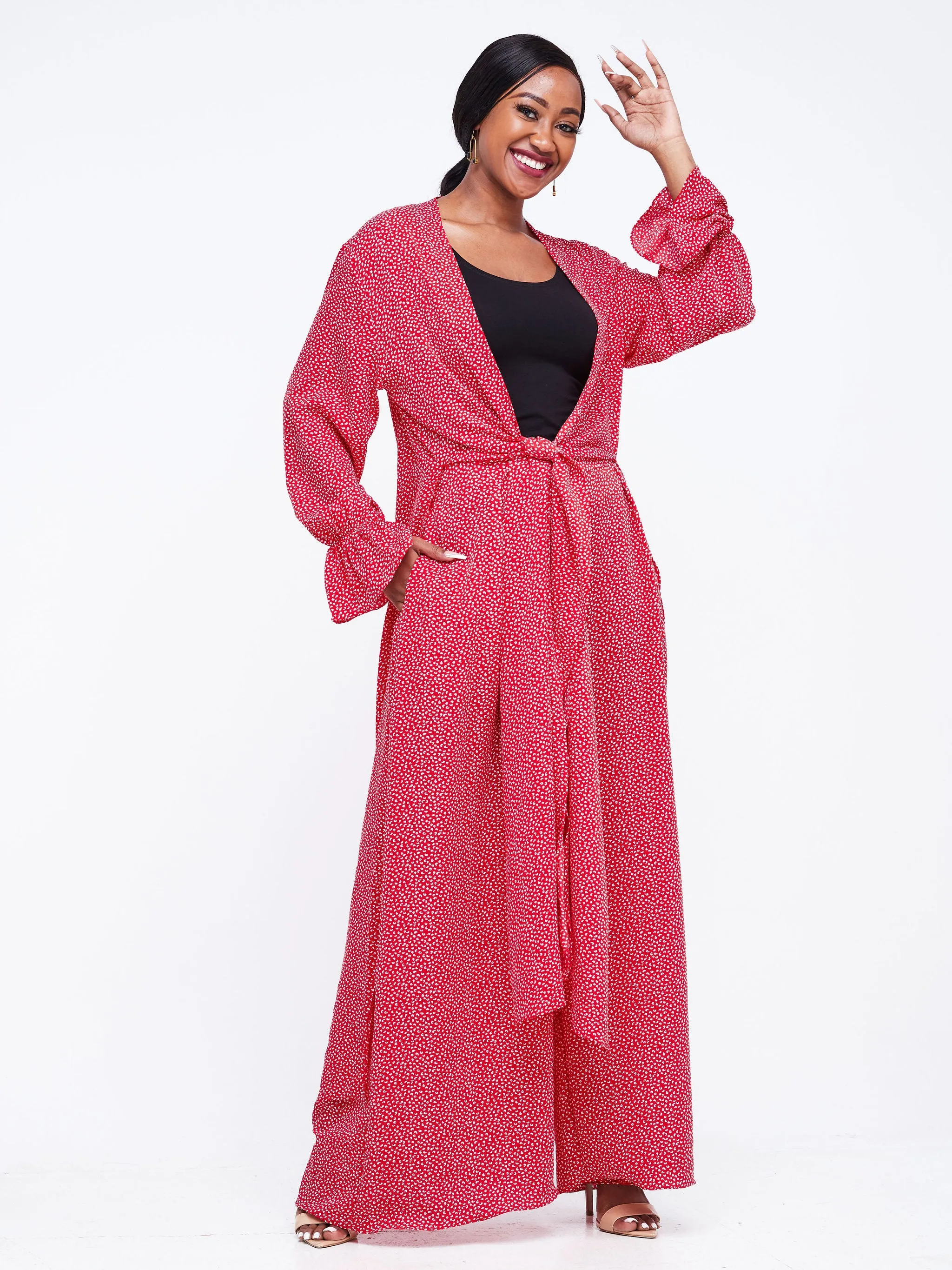 Vivo Jema High Slit Maxi Kimono - Red / White Abstract Print