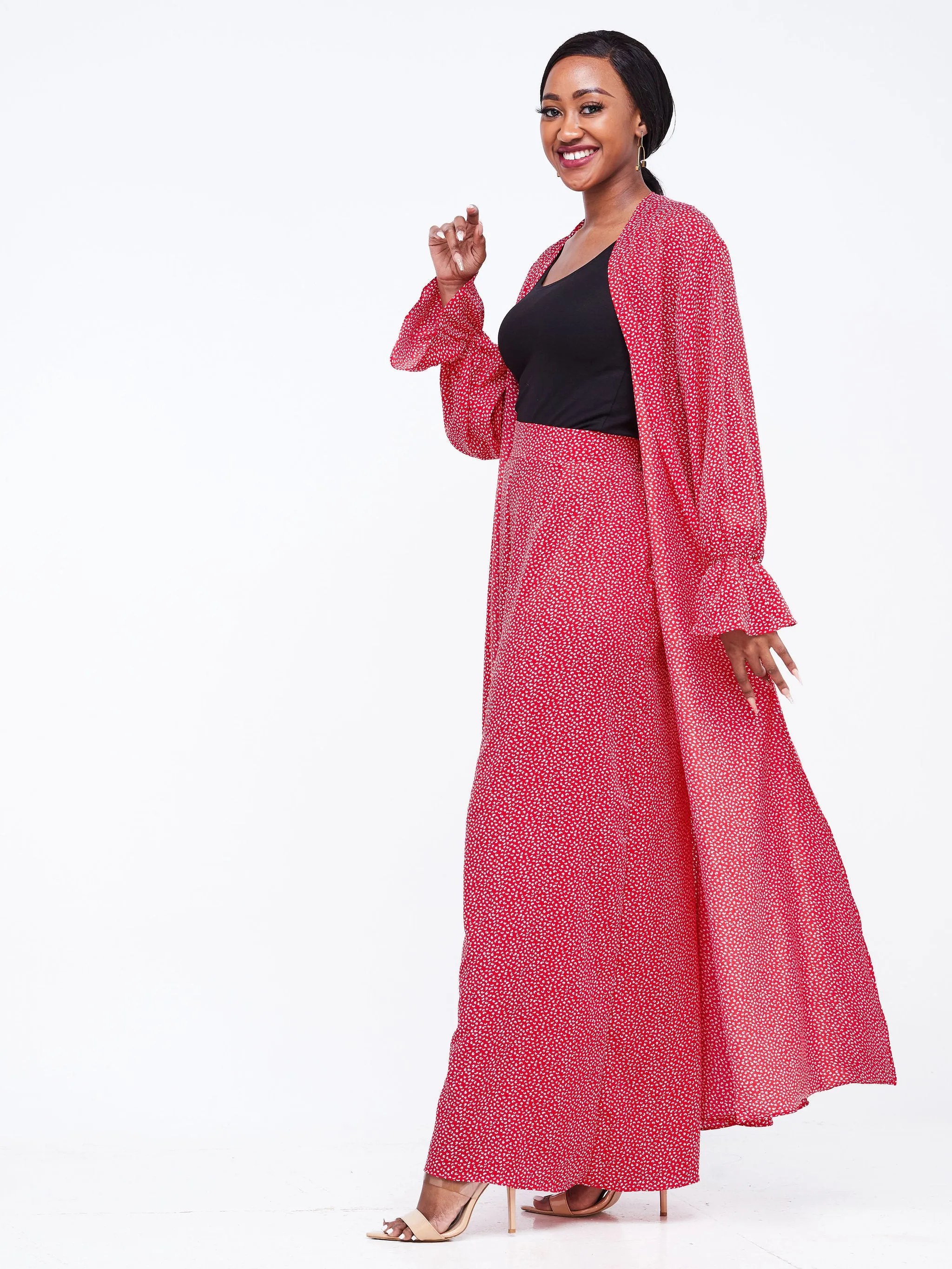 Vivo Jema High Slit Maxi Kimono - Red / White Abstract Print