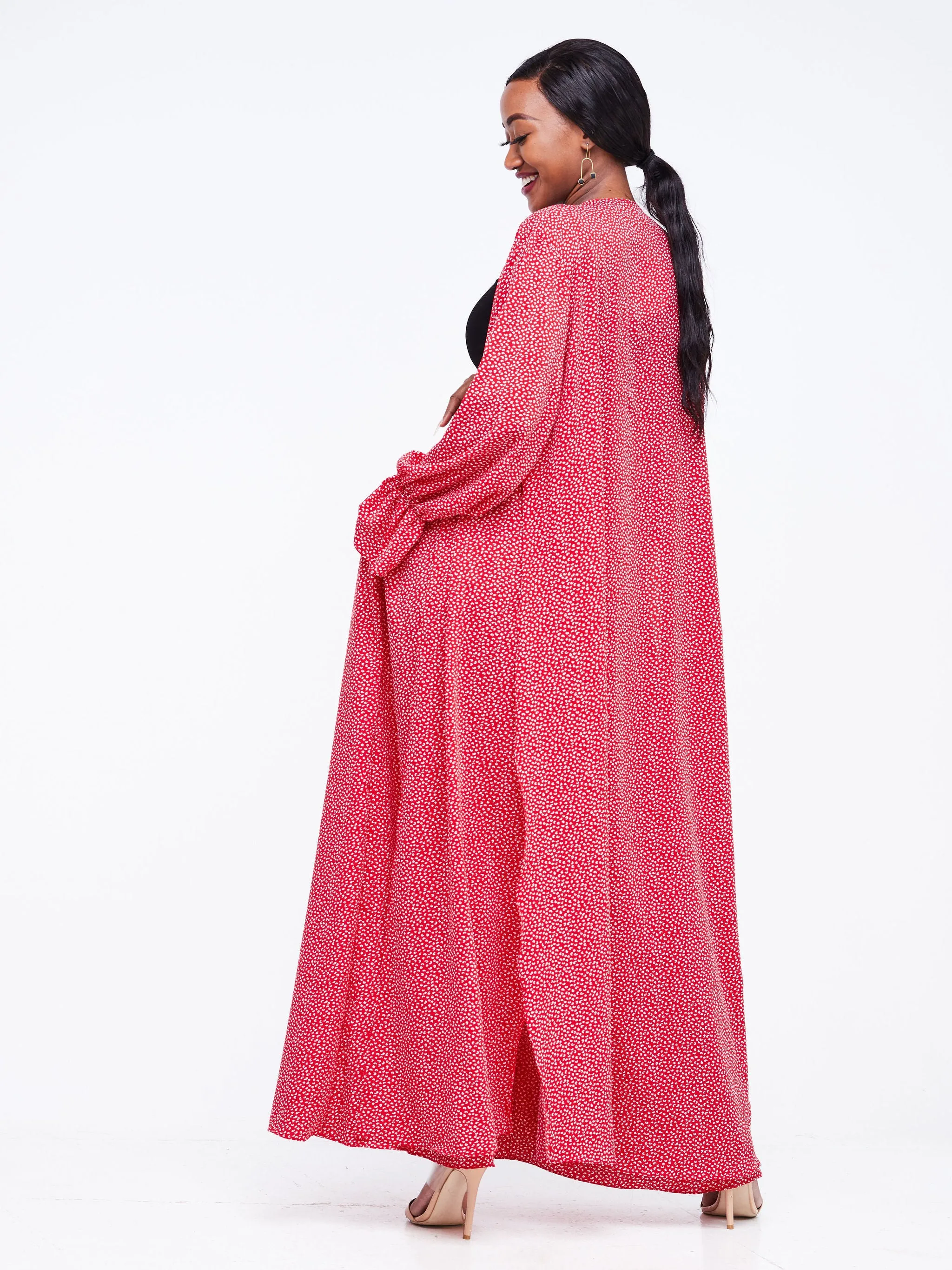 Vivo Jema High Slit Maxi Kimono - Red / White Abstract Print
