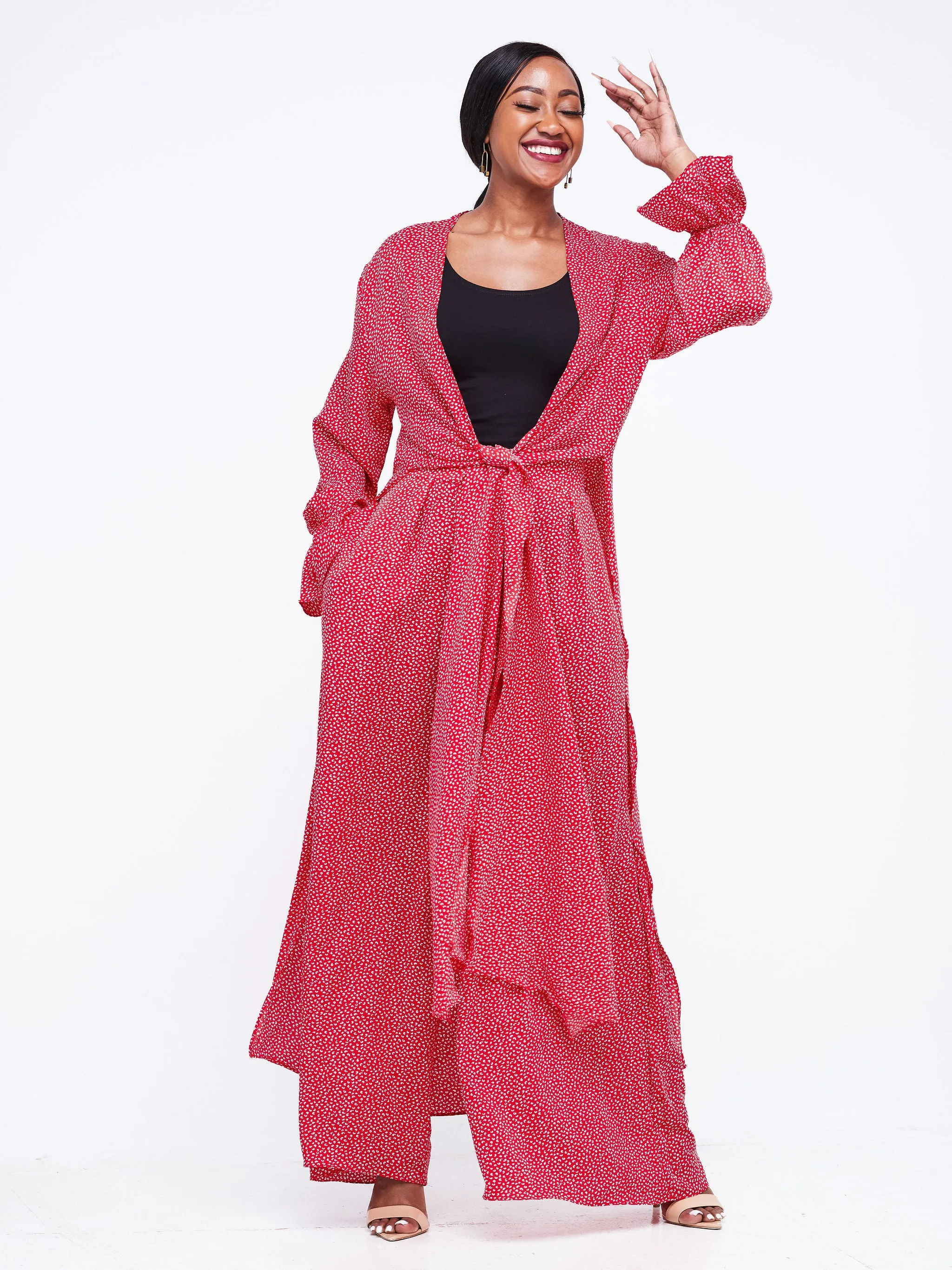 Vivo Jema High Slit Maxi Kimono - Red / White Abstract Print