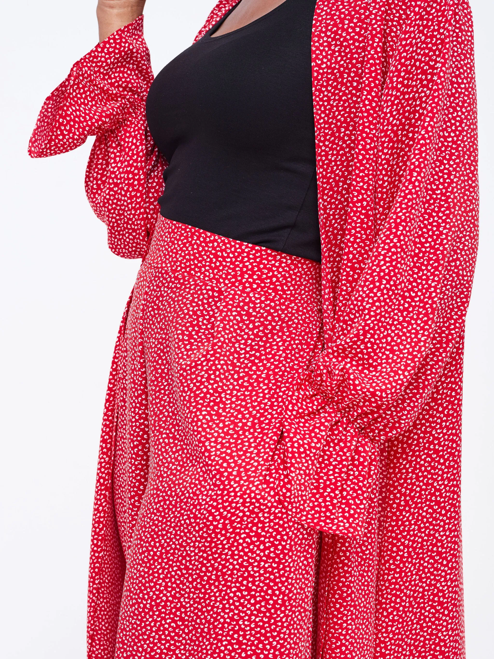 Vivo Jema High Slit Maxi Kimono - Red / White Abstract Print