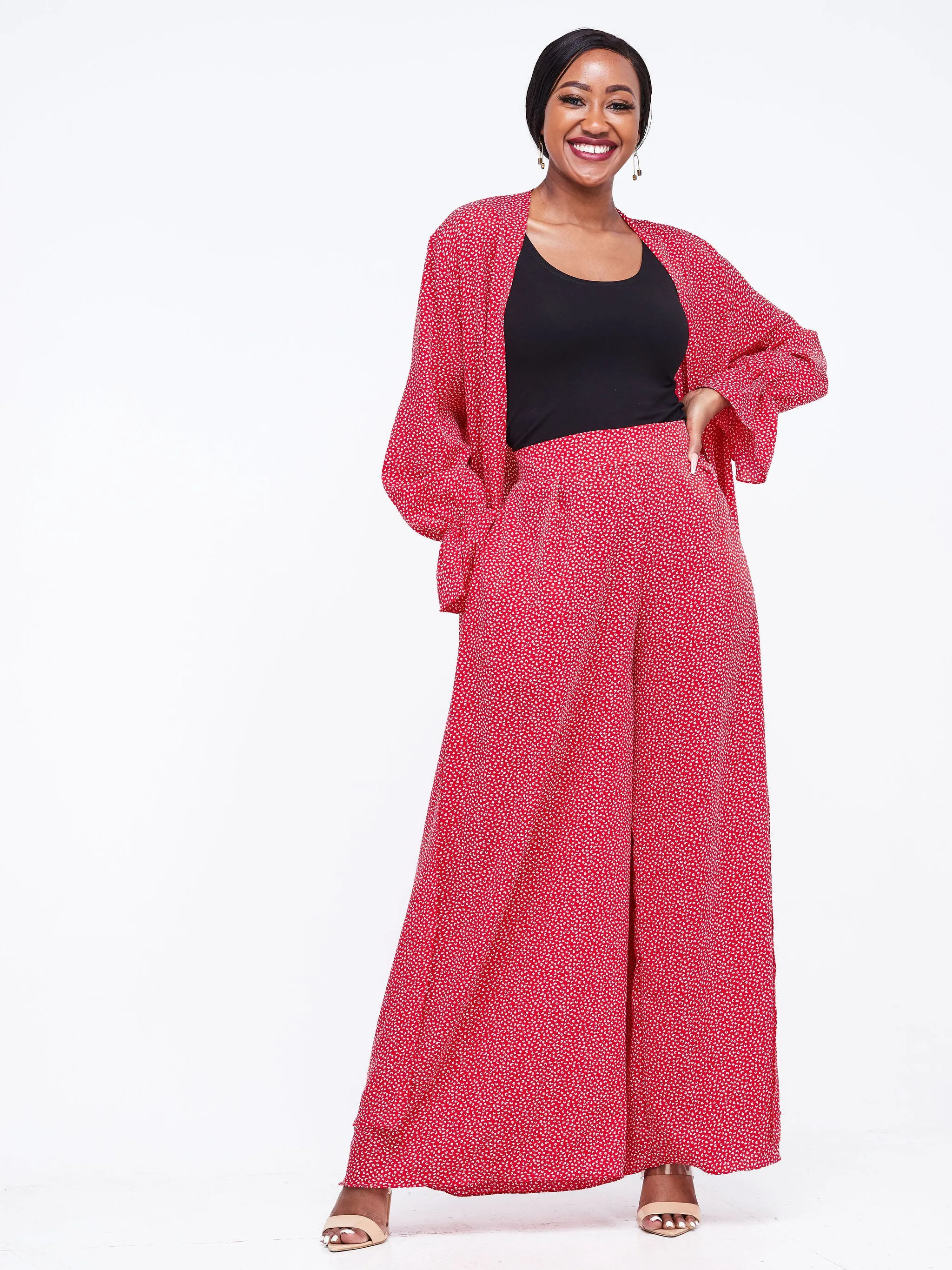 Vivo Jema High Slit Maxi Kimono - Red / White Abstract Print