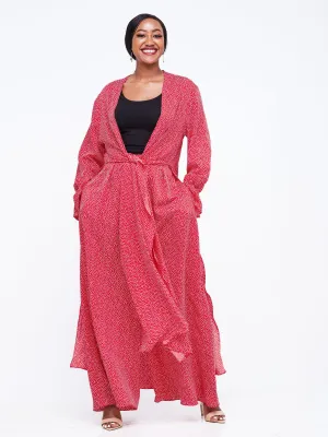 Vivo Jema High Slit Maxi Kimono - Red / White Abstract Print