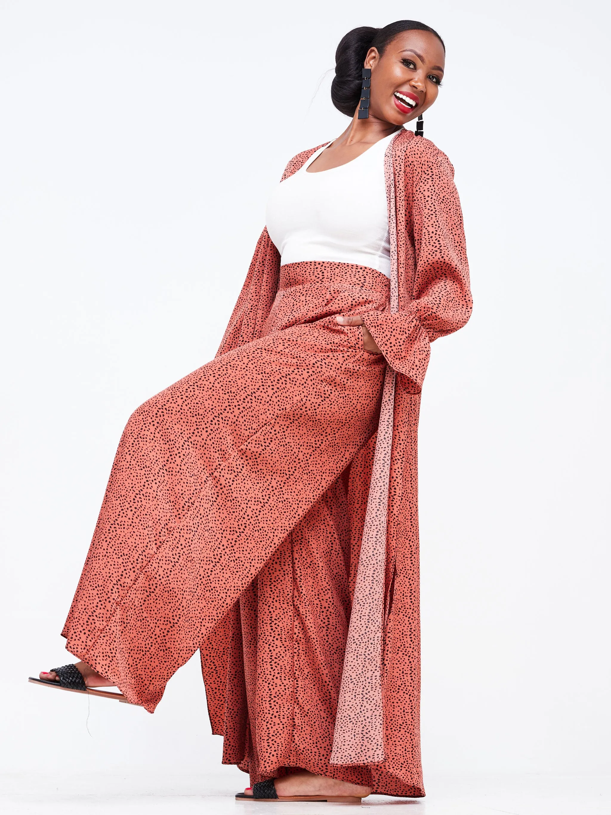 Vivo Jema High Slit Maxi Kimono - Rust / Black Abstract Print