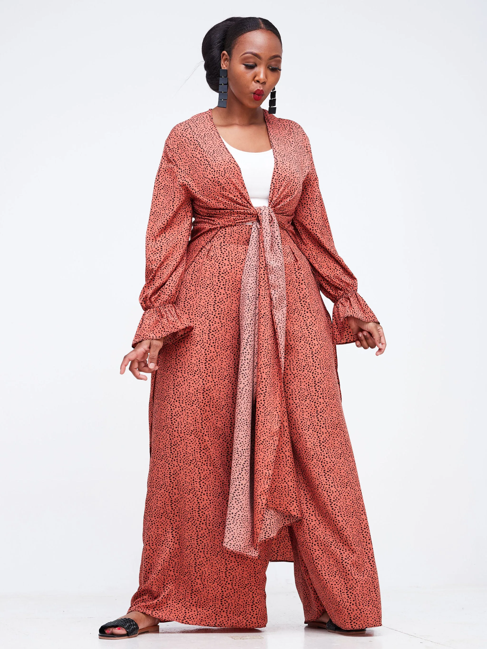 Vivo Jema High Slit Maxi Kimono - Rust / Black Abstract Print