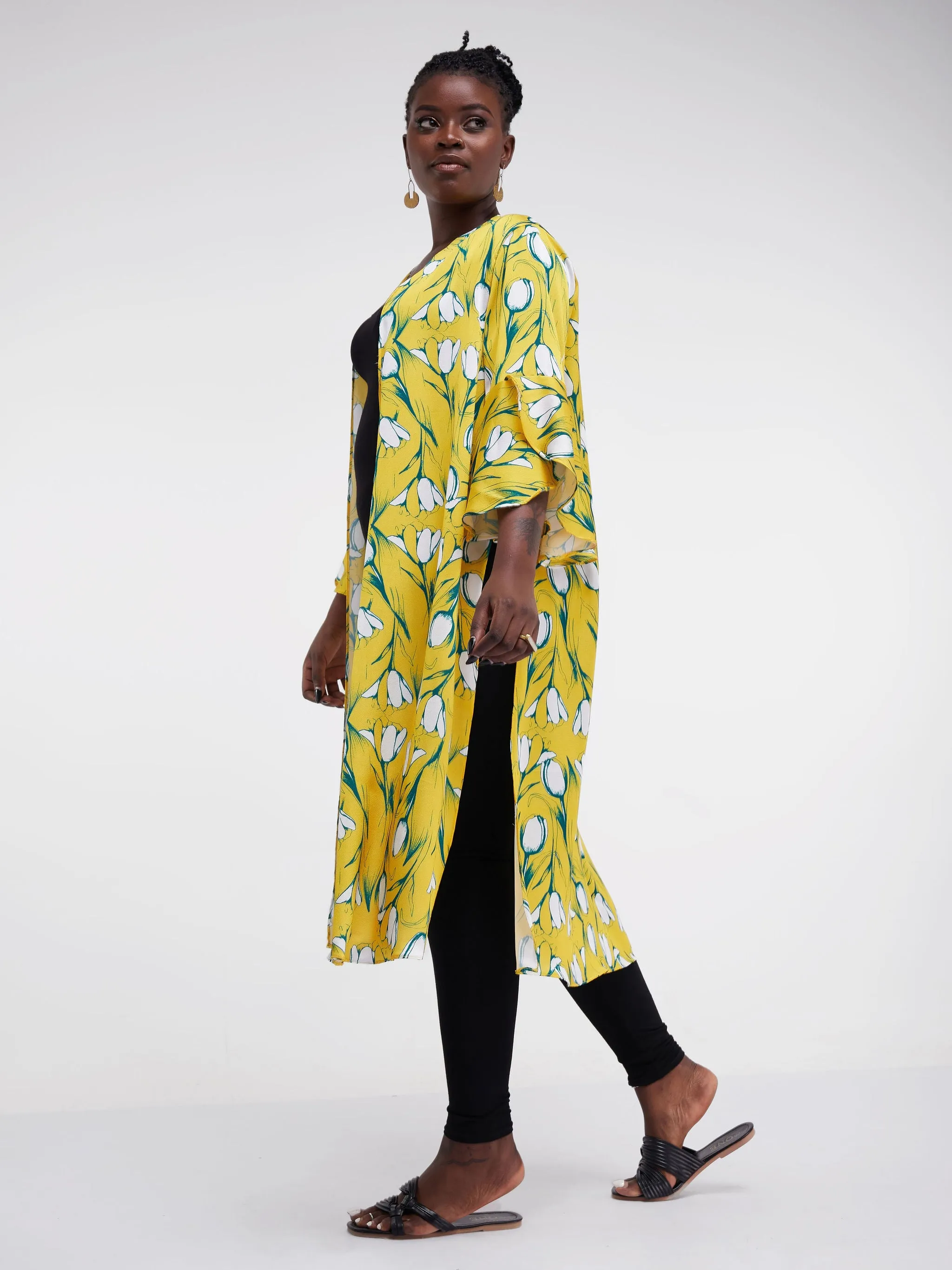 Vivo Lalea Tulip Sleeve Midi Kimono - Mustard Floral Print