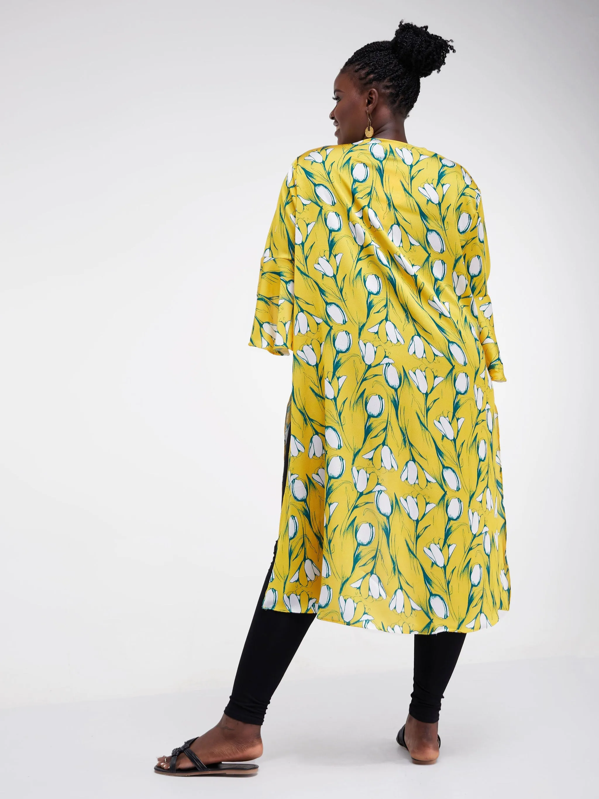 Vivo Lalea Tulip Sleeve Midi Kimono - Mustard Floral Print