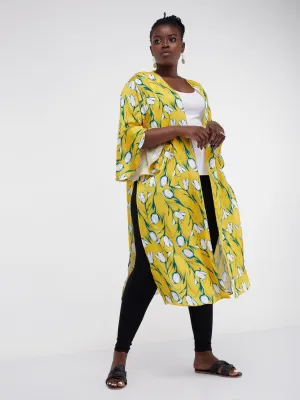 Vivo Lalea Tulip Sleeve Midi Kimono - Mustard Floral Print