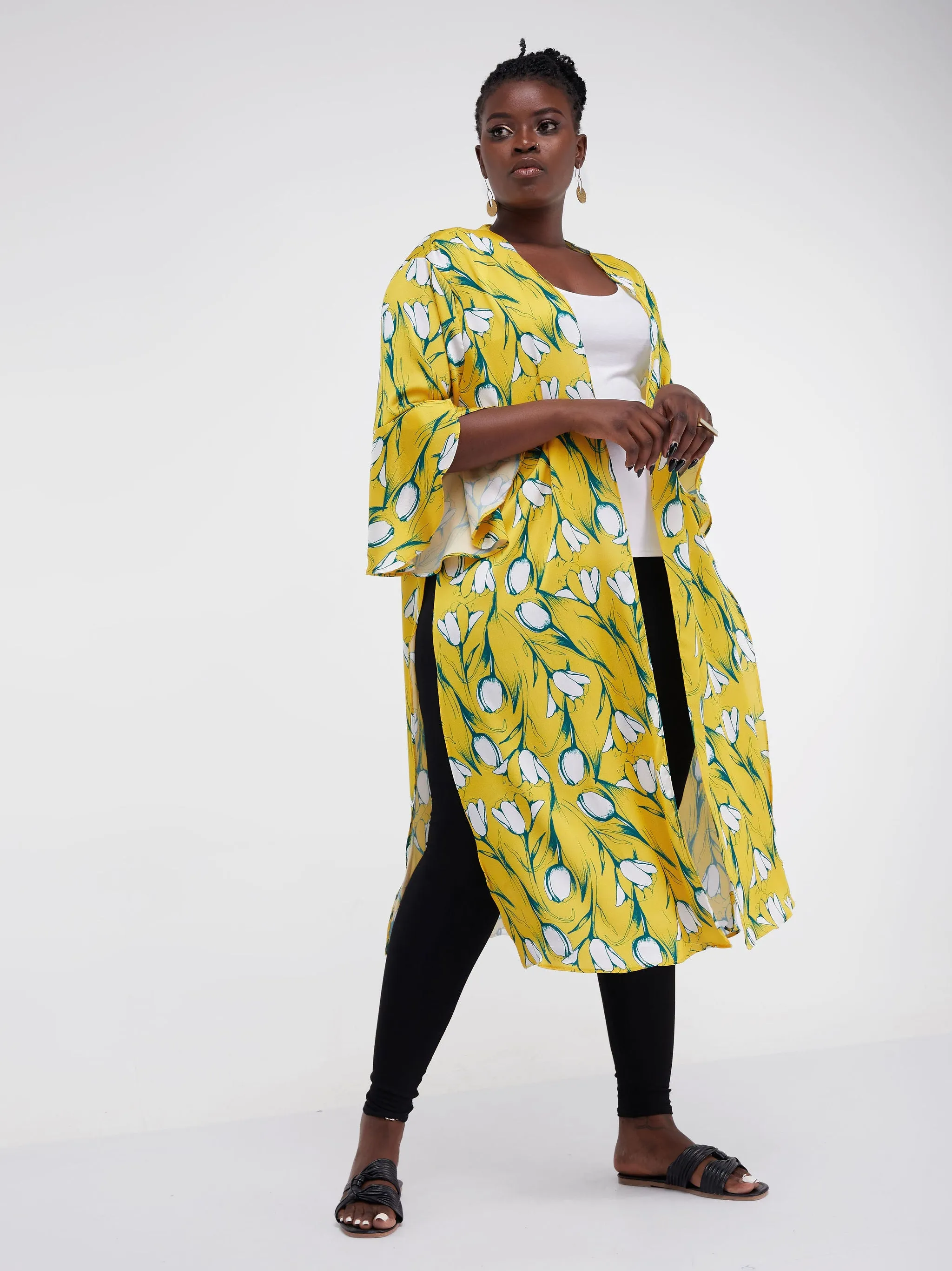 Vivo Lalea Tulip Sleeve Midi Kimono - Mustard Floral Print