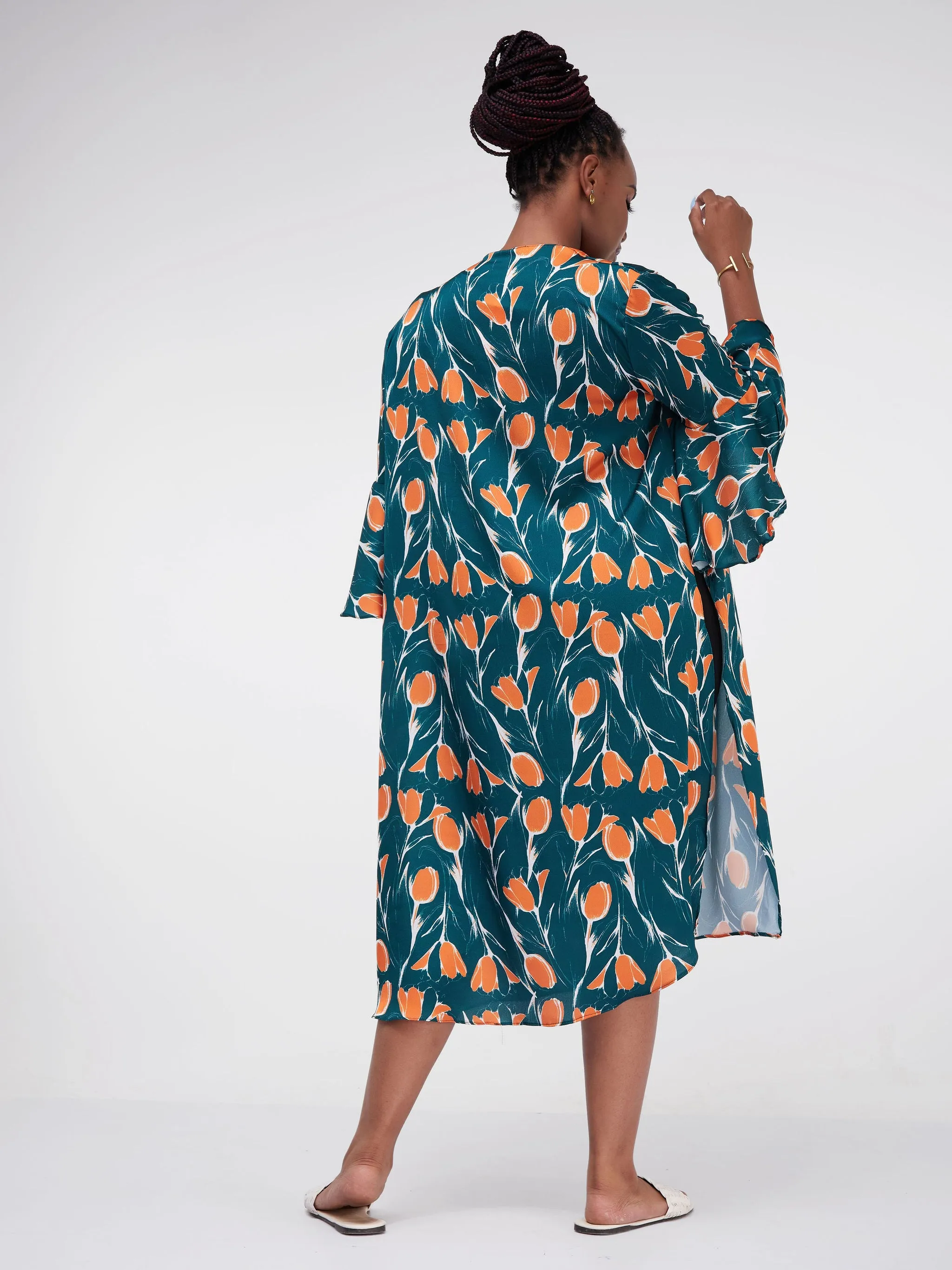 Vivo Lalea Tulip Sleeve Midi Kimono - Teal Floral Print