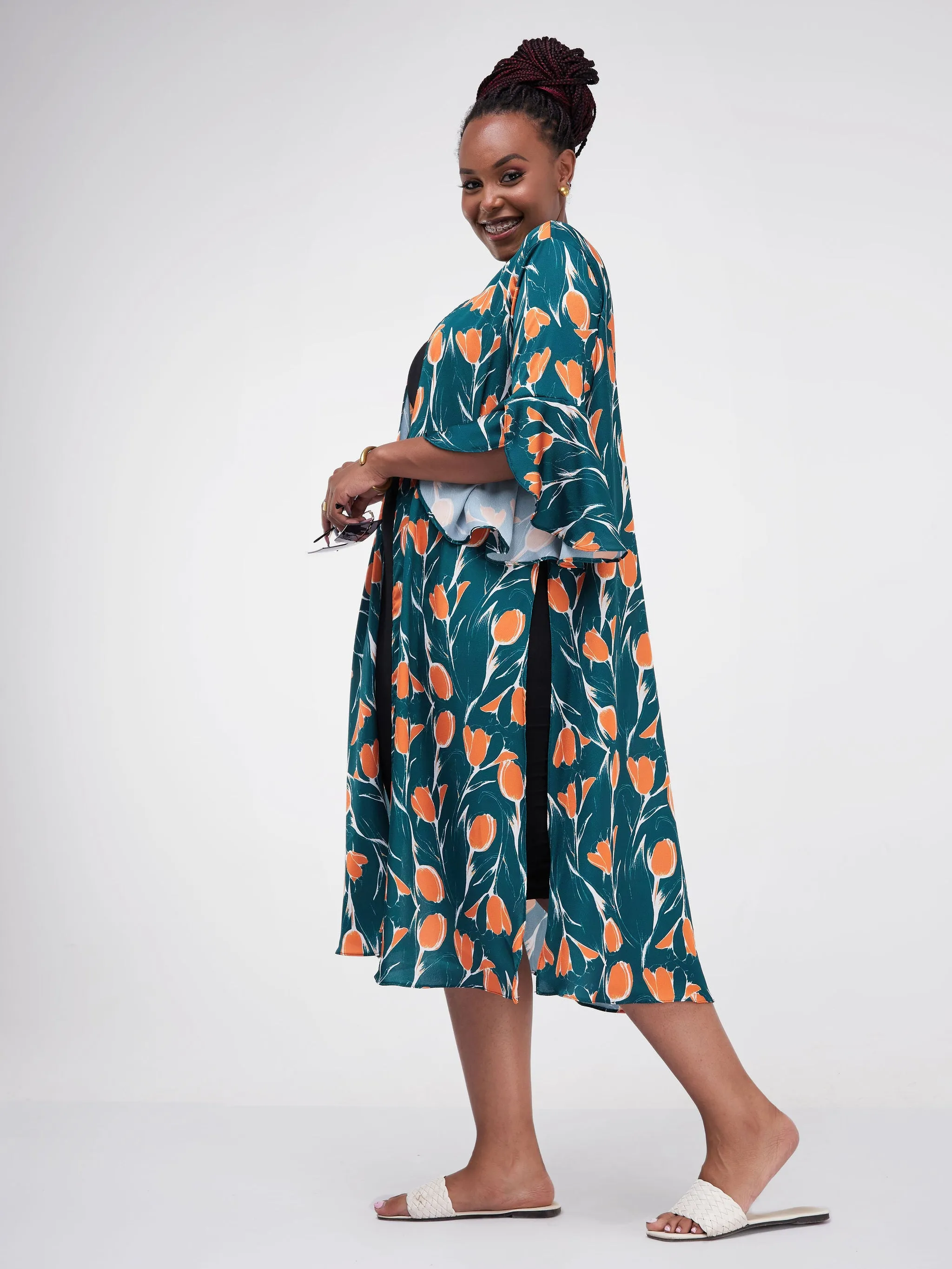 Vivo Lalea Tulip Sleeve Midi Kimono - Teal Floral Print