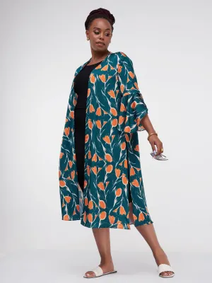 Vivo Lalea Tulip Sleeve Midi Kimono - Teal Floral Print