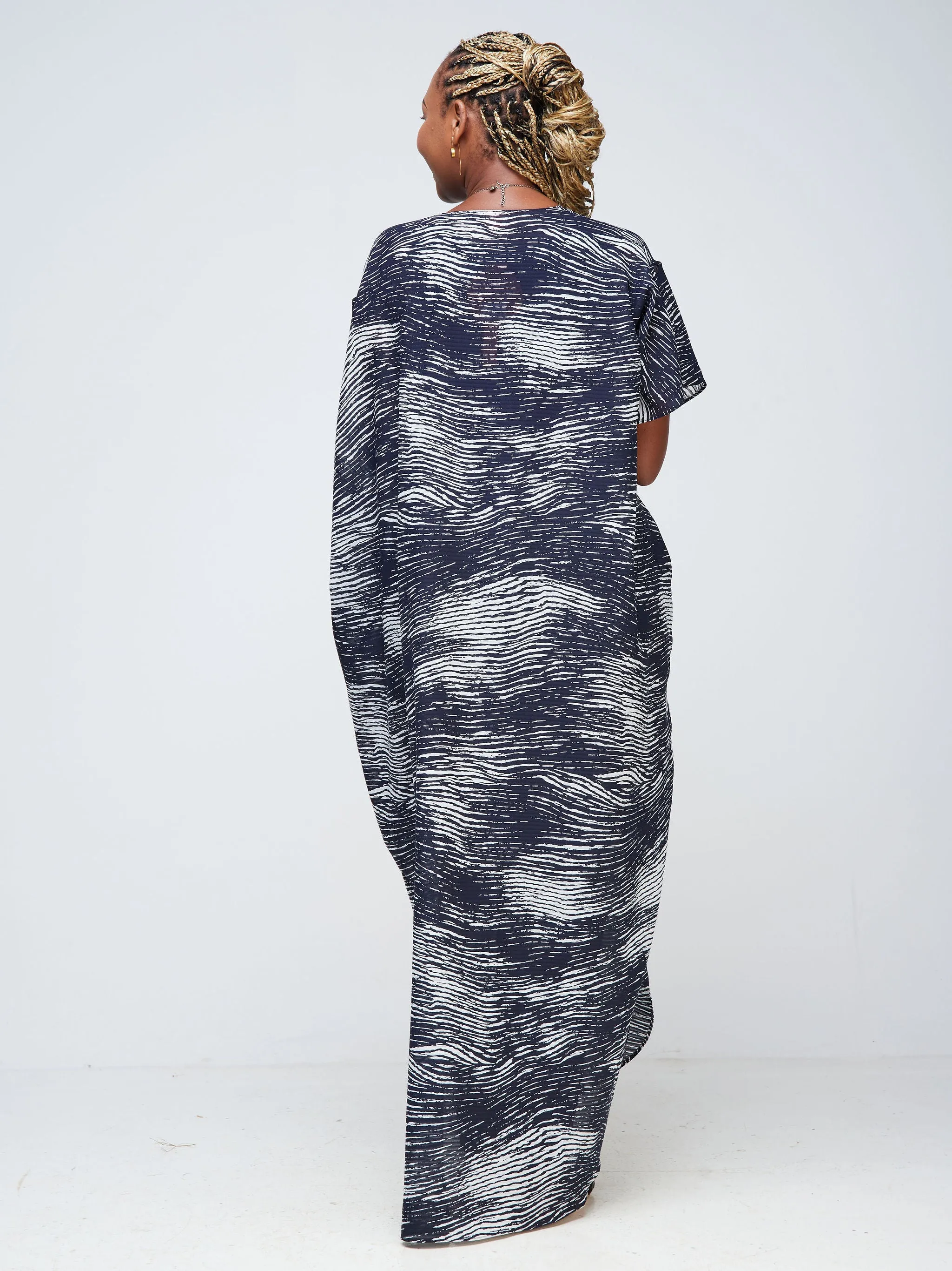 Vivo Mistari Dolman Maxi Kimono - Navy Blue / White Abstract Print