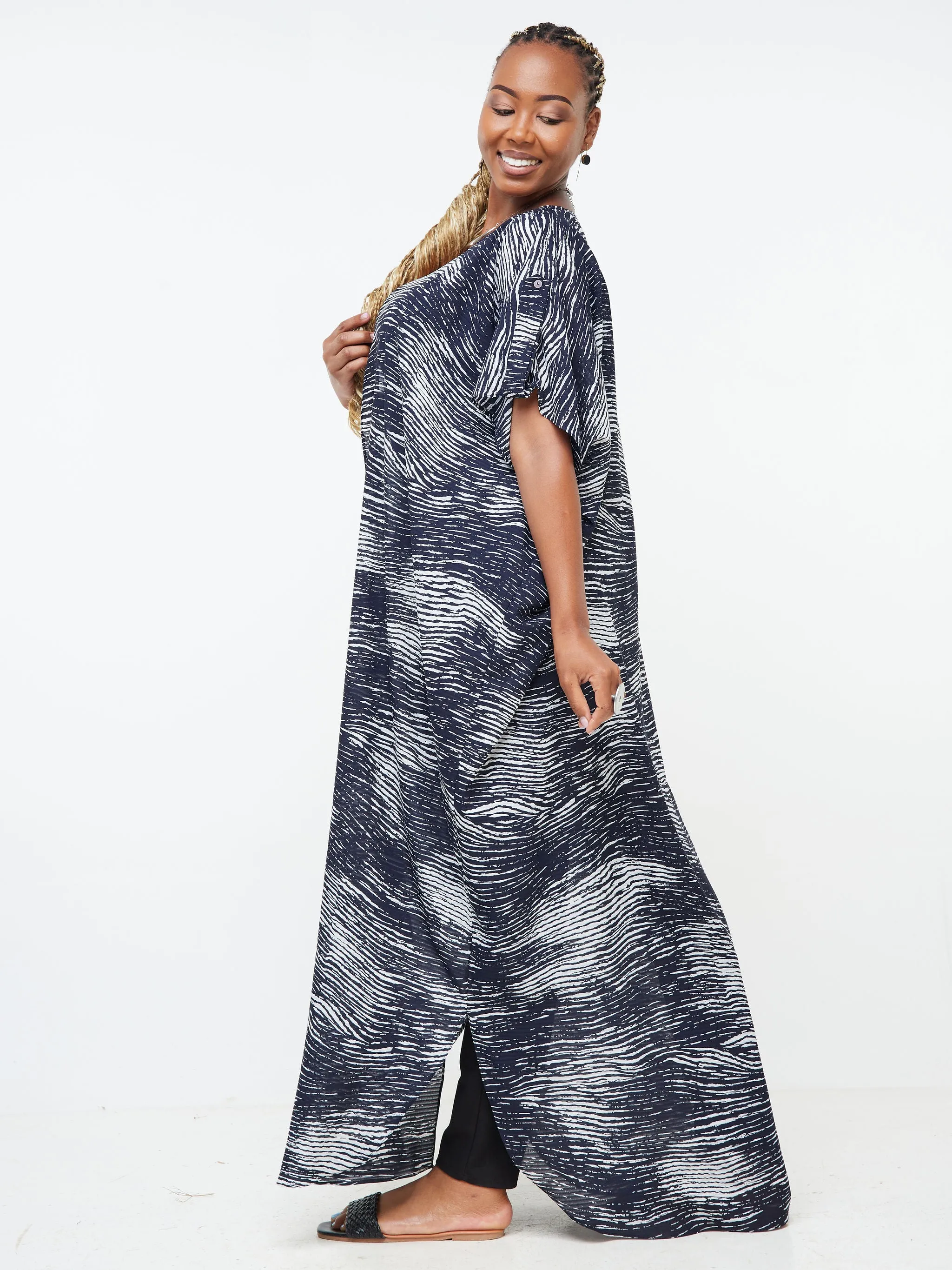 Vivo Mistari Dolman Maxi Kimono - Navy Blue / White Abstract Print