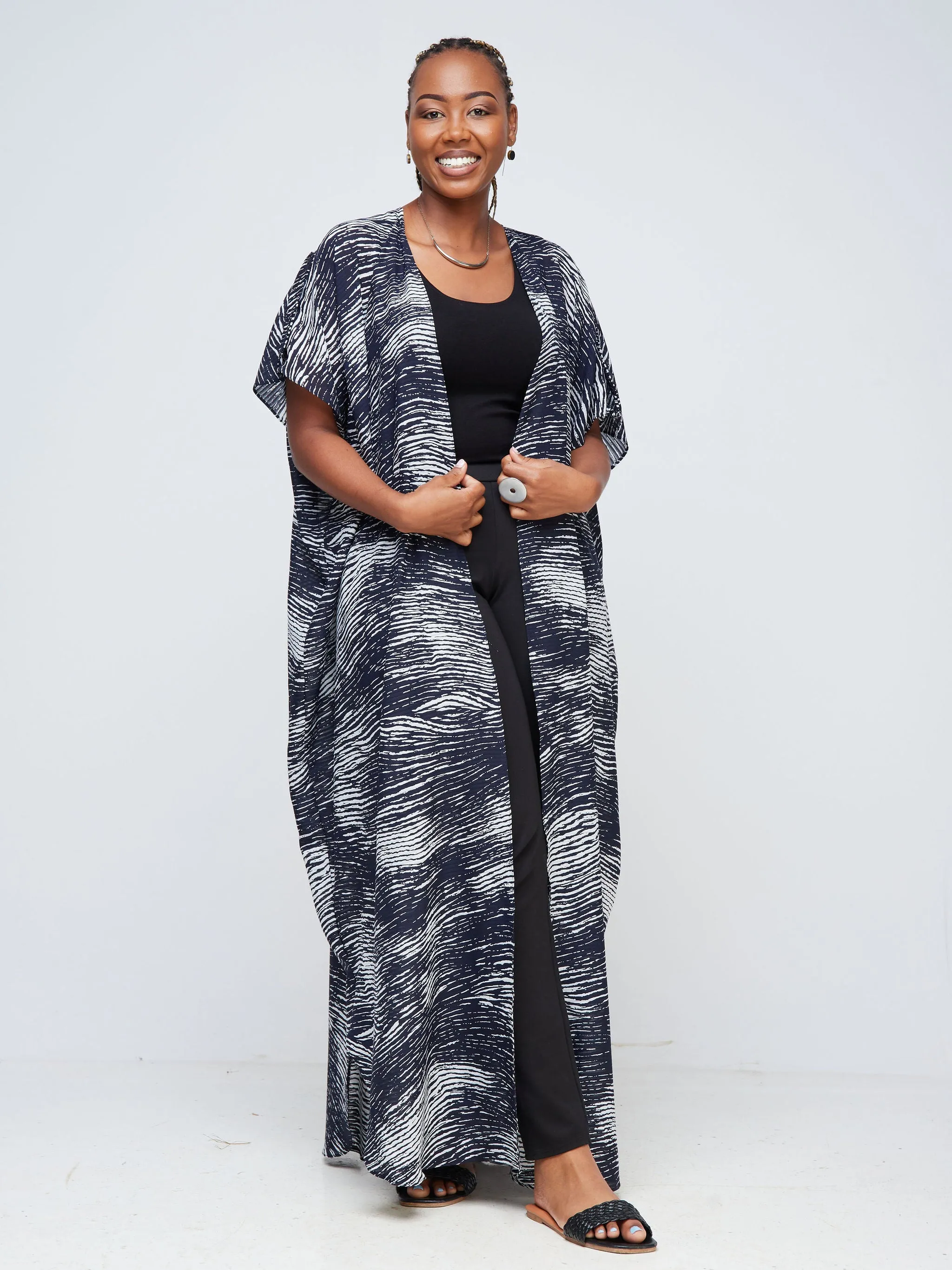 Vivo Mistari Dolman Maxi Kimono - Navy Blue / White Abstract Print