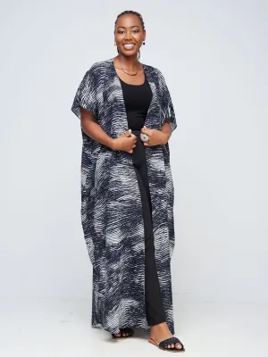 Vivo Mistari Dolman Maxi Kimono - Navy Blue / White Abstract Print