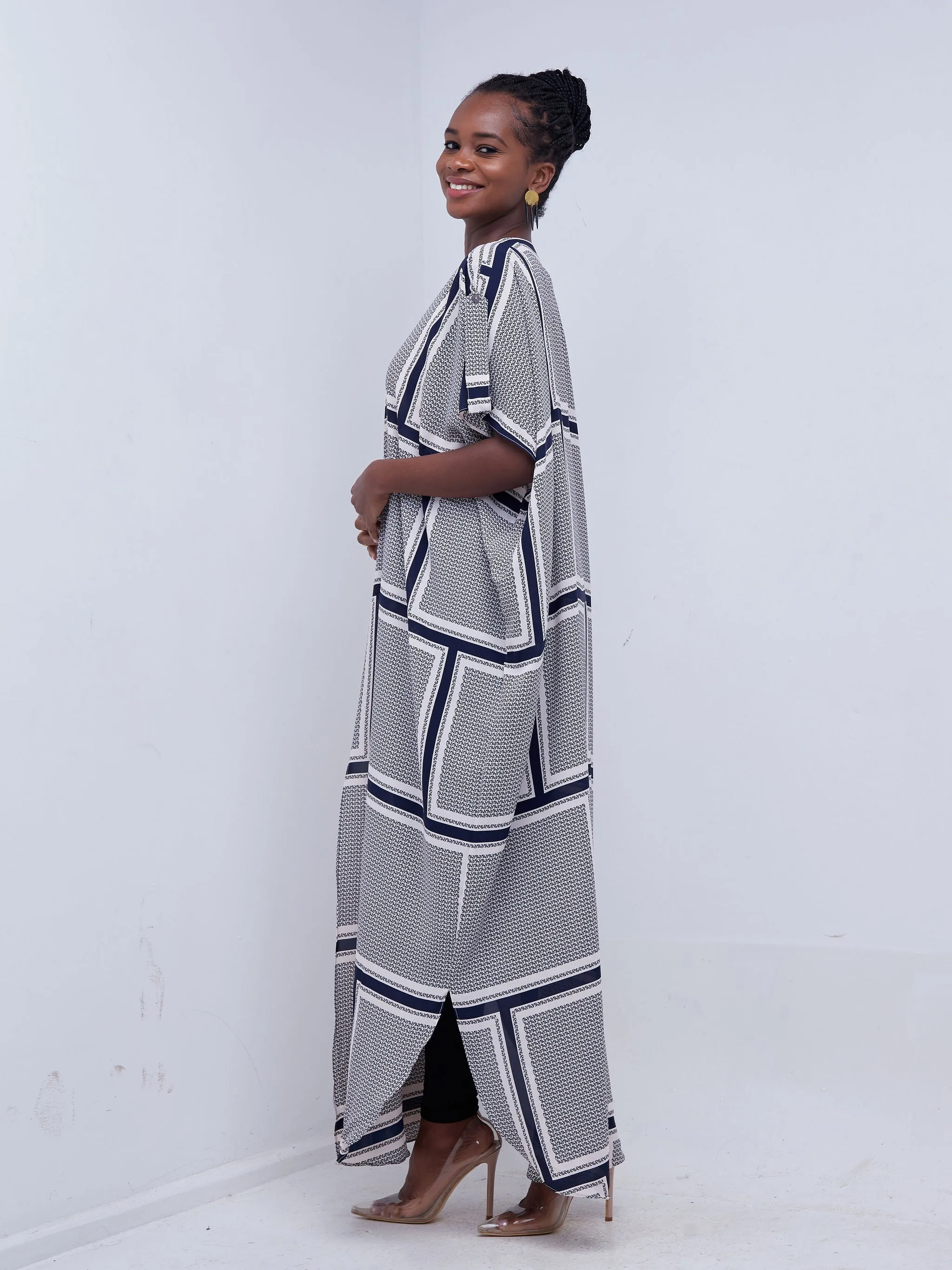 Vivo Mistari Dolman Maxi Kimono - Peach / Navy Blue Abstract Print