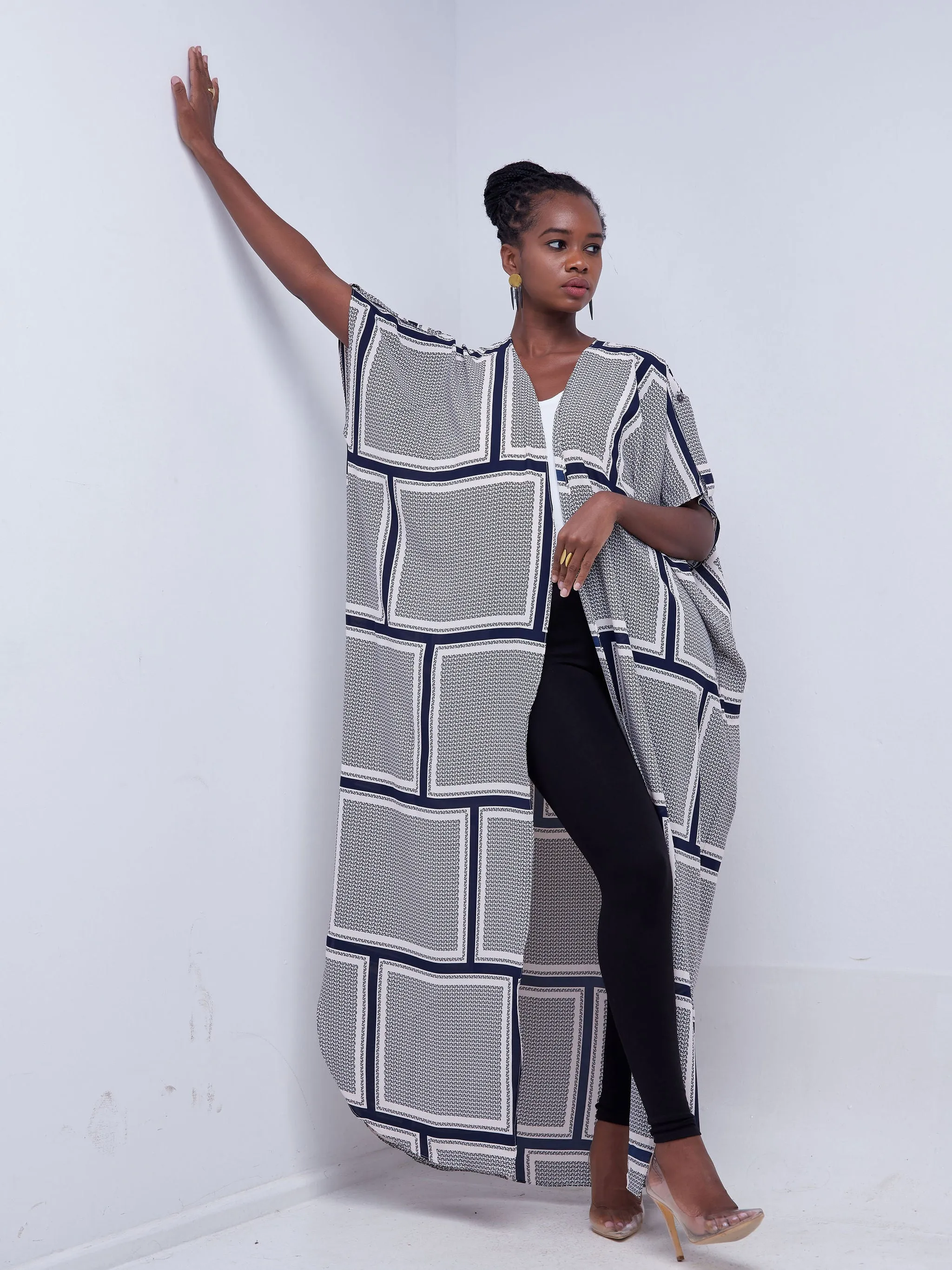 Vivo Mistari Dolman Maxi Kimono - Peach / Navy Blue Abstract Print