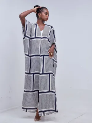 Vivo Mistari Dolman Maxi Kimono - Peach / Navy Blue Abstract Print
