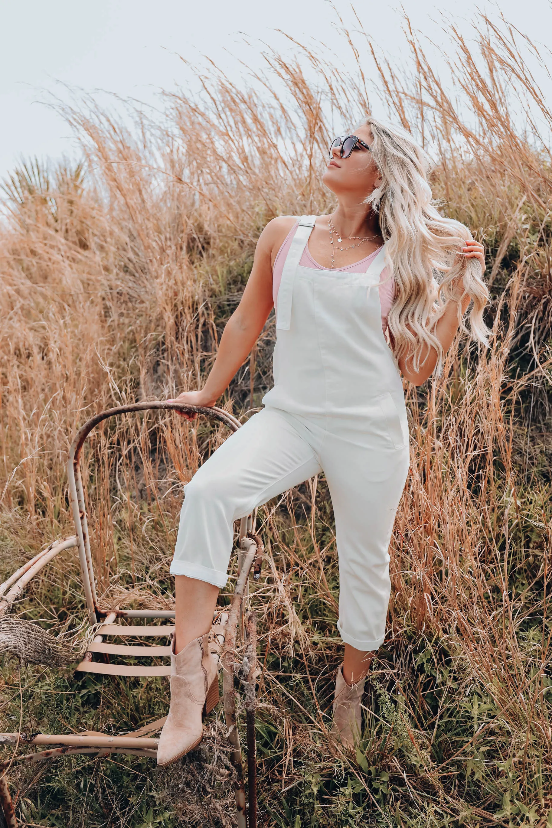 Walk On By Cream Denim Overalls