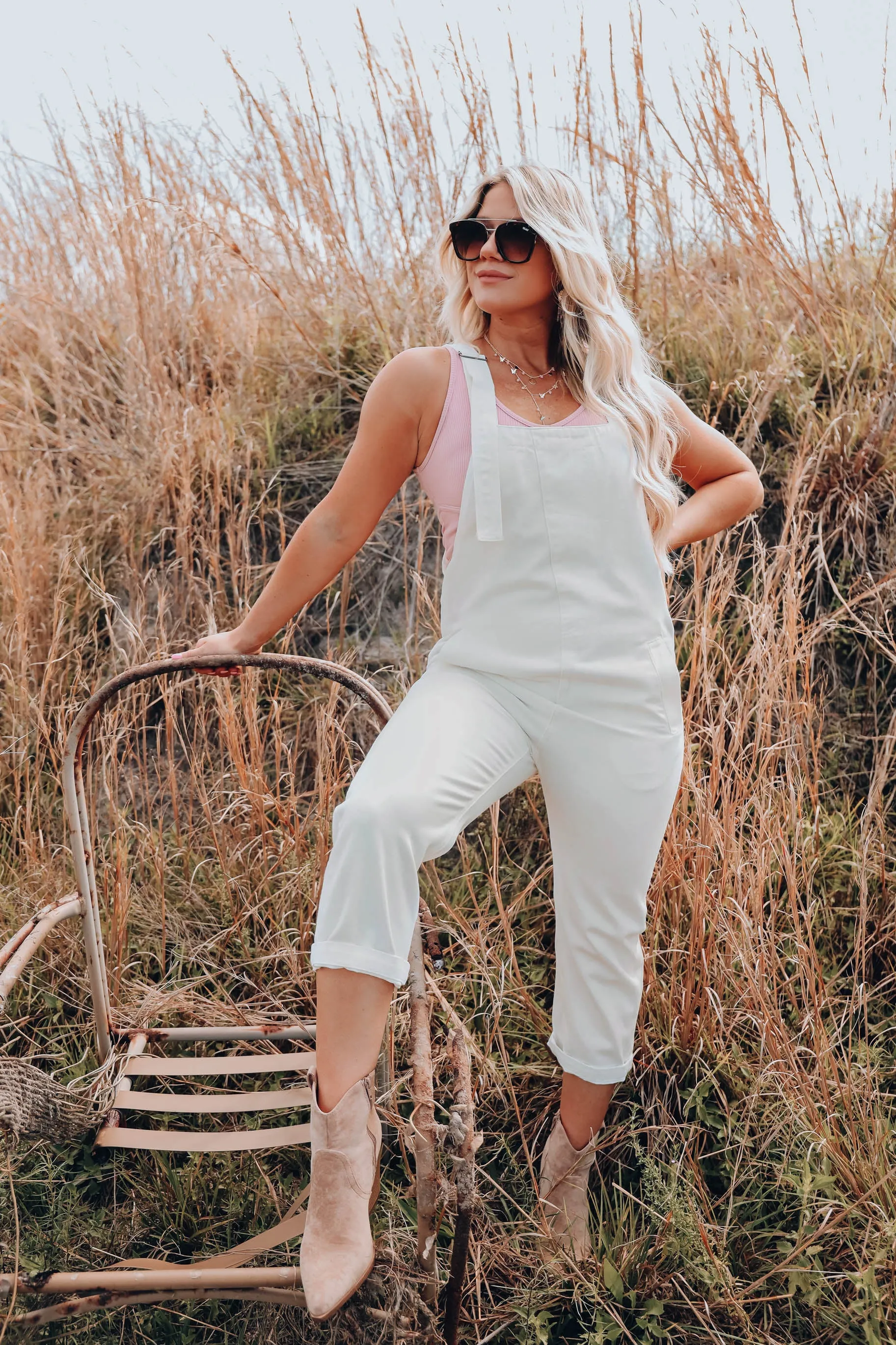Walk On By Cream Denim Overalls