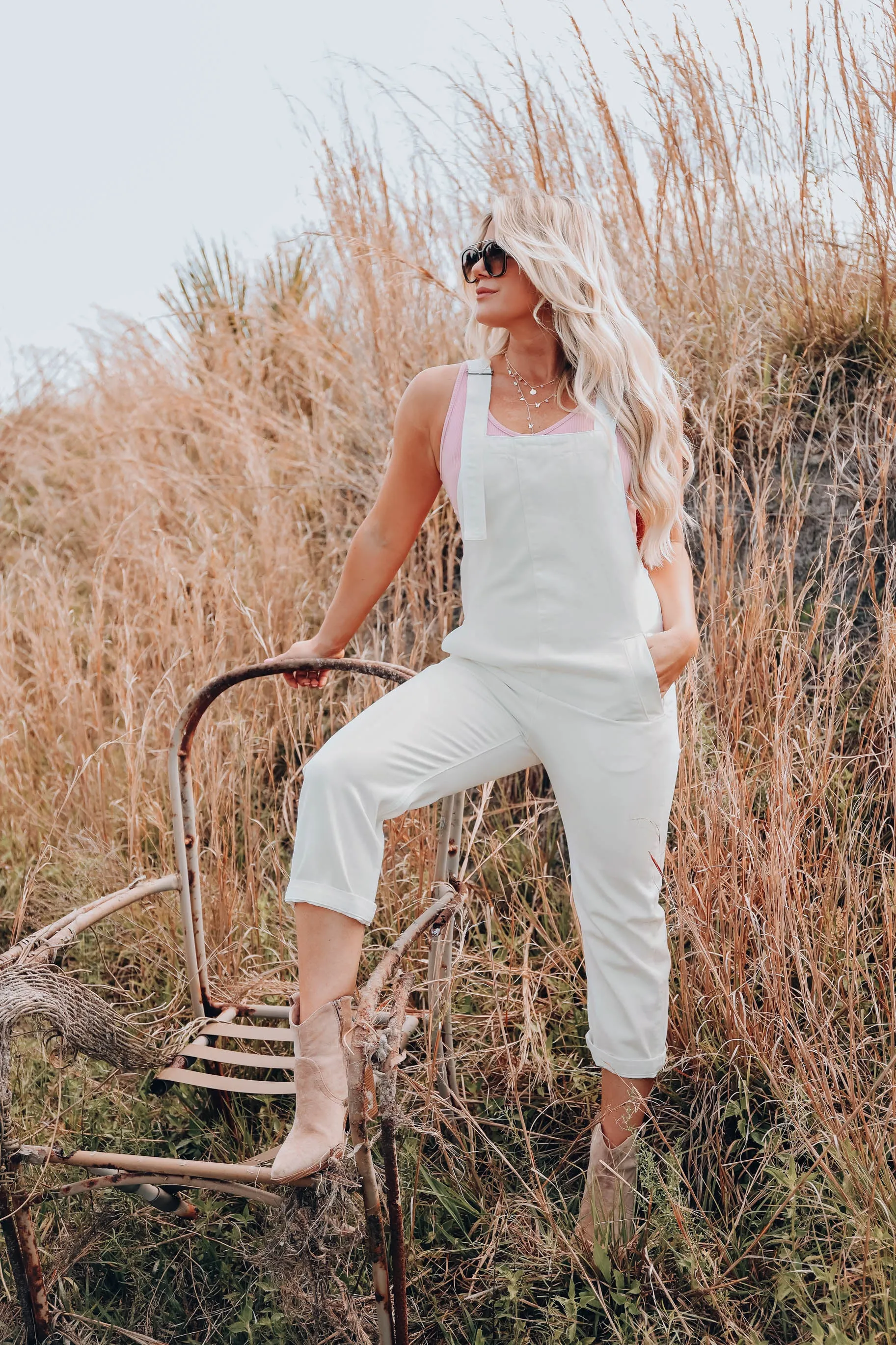 Walk On By Cream Denim Overalls