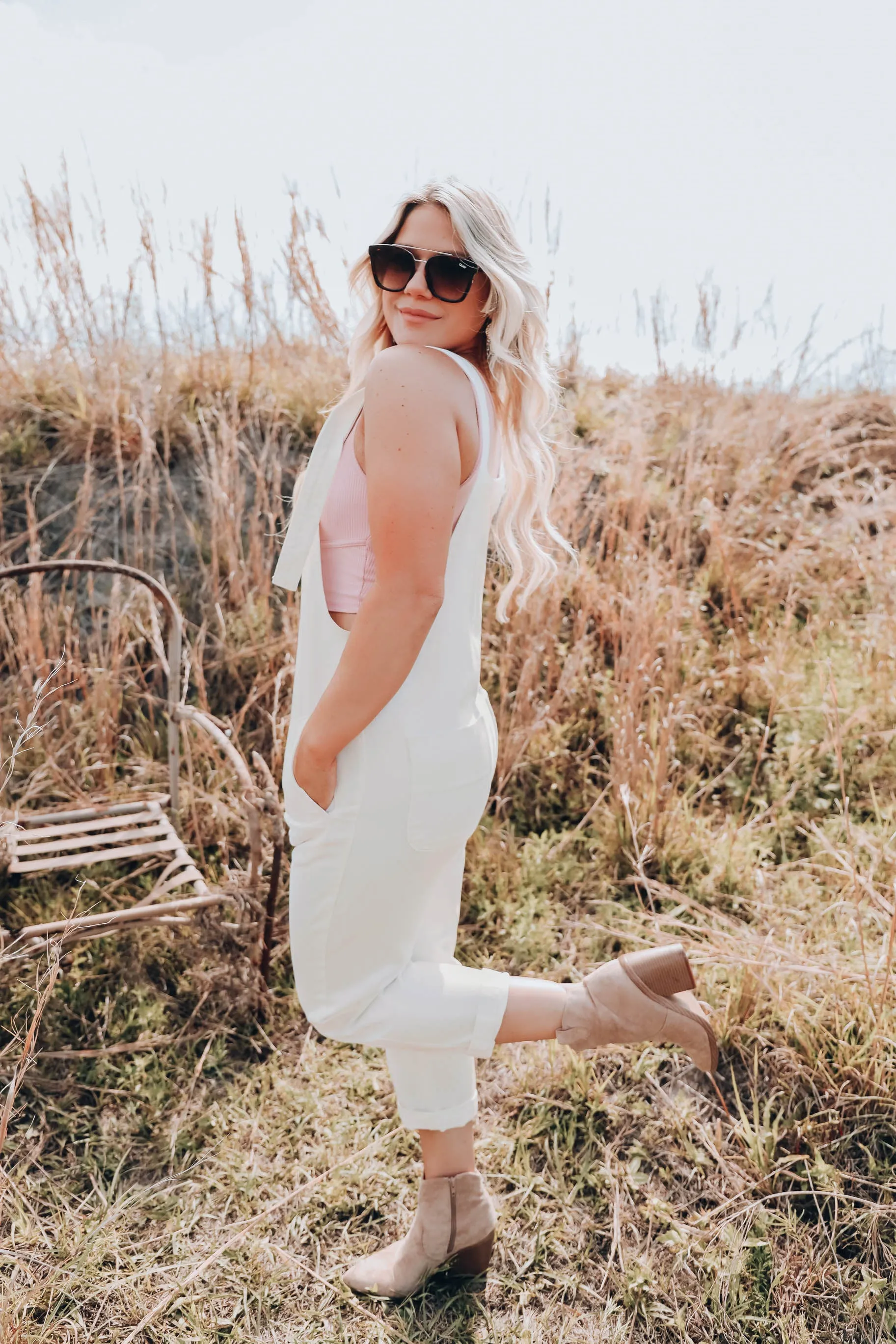 Walk On By Cream Denim Overalls