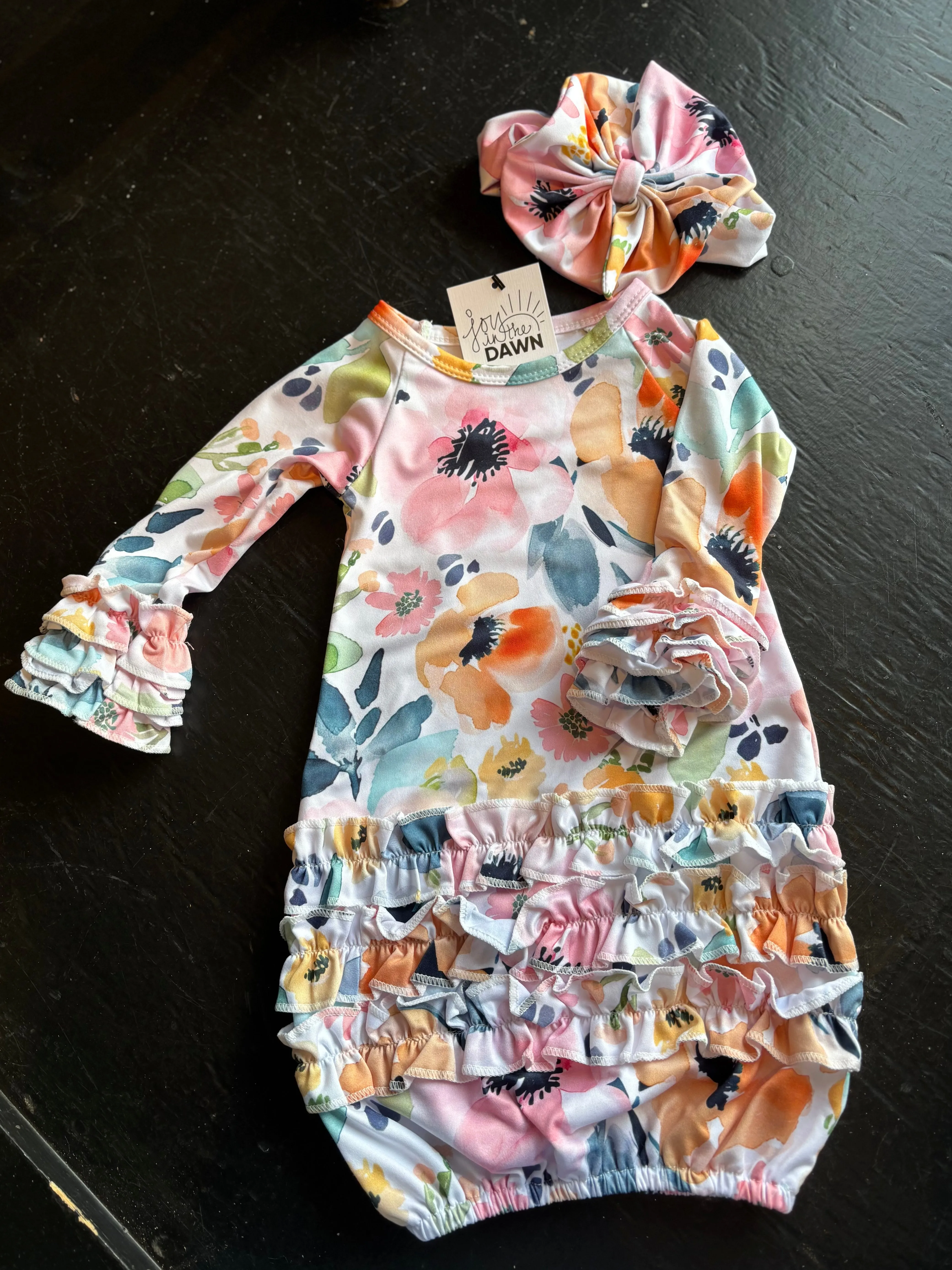 Watercolor Floral Baby Gown   Headband Set