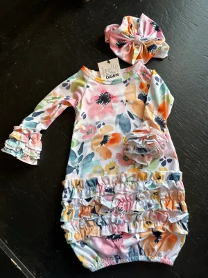 Watercolor Floral Baby Gown   Headband Set
