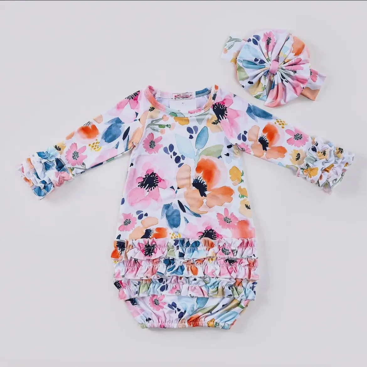 Watercolor Floral Baby Gown   Headband Set