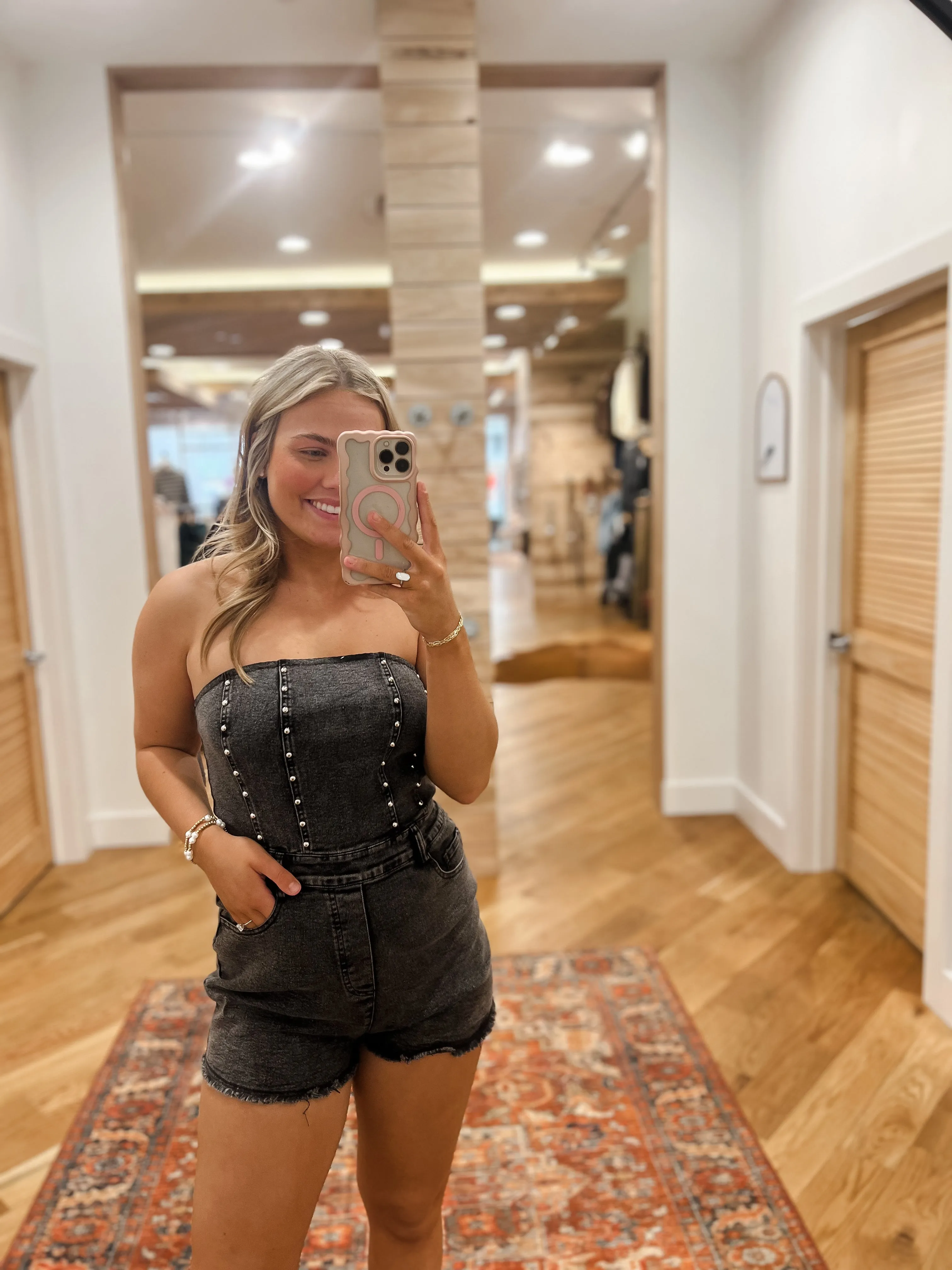 Western Strapless Washed Denim Romper