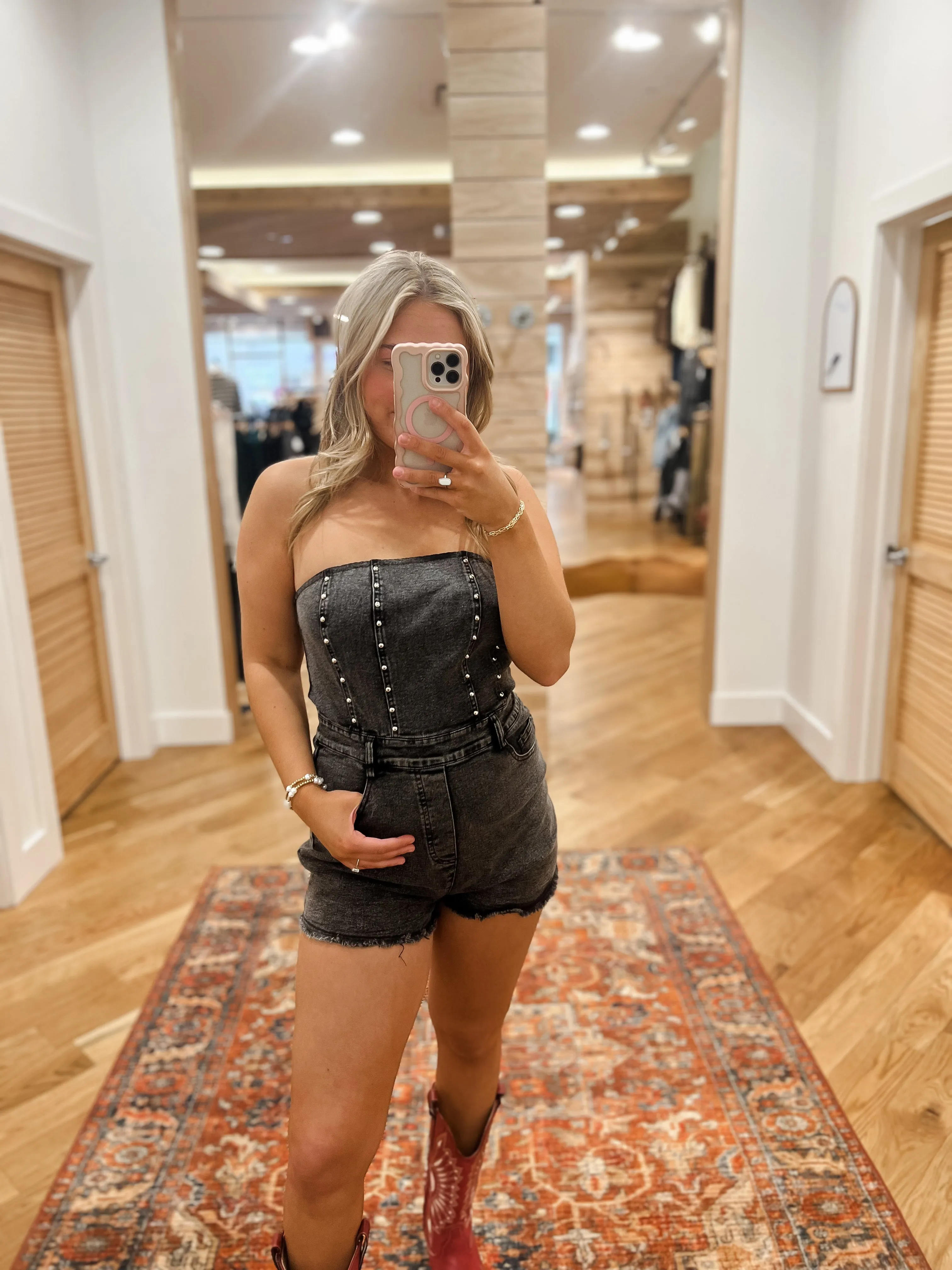 Western Strapless Washed Denim Romper
